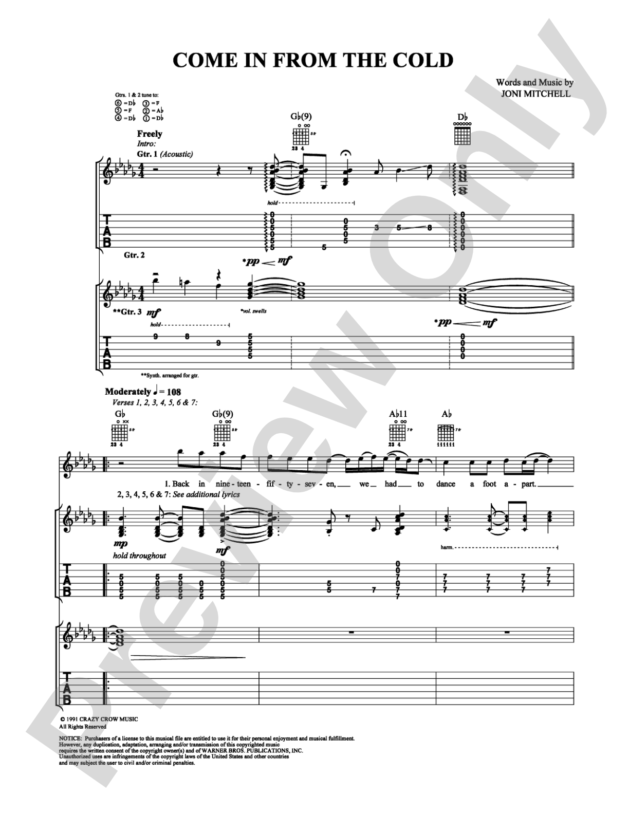 Come In From the Cold: Guitar TAB Digital Sheet Music