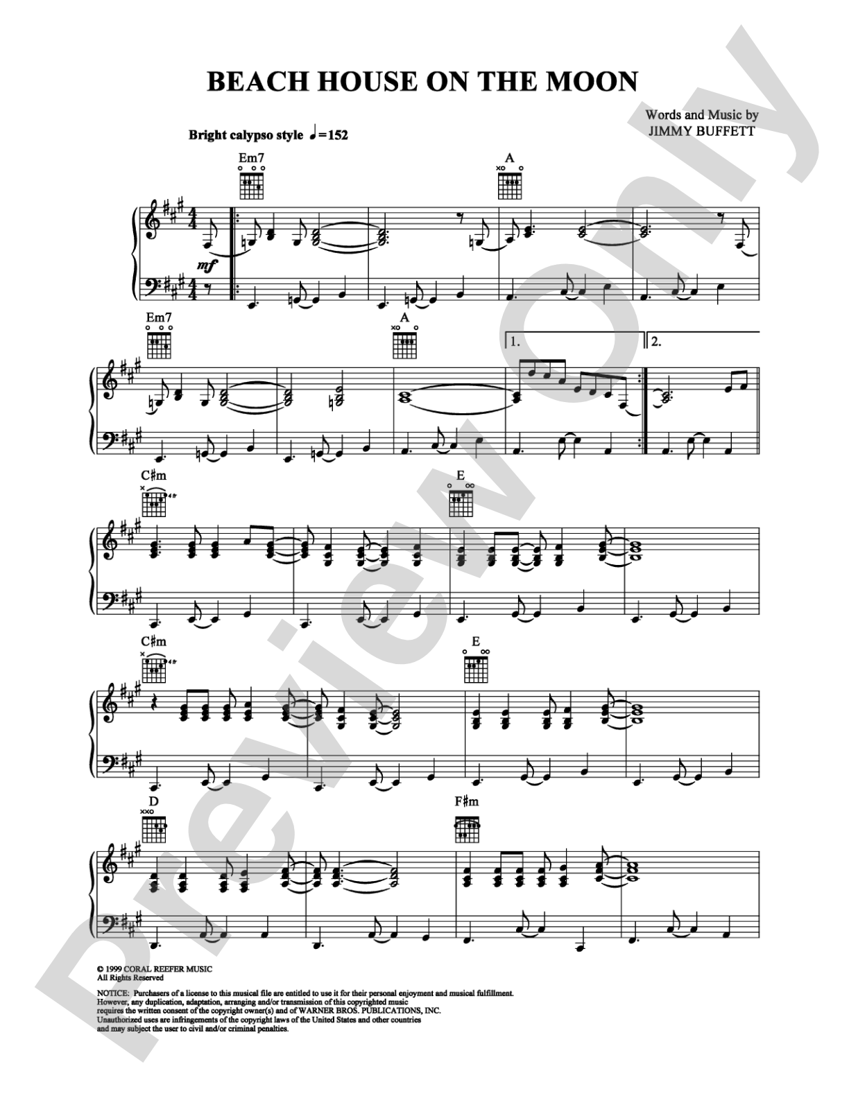 Beach House On The Moon: Piano/Vocal/Chords Digital Sheet Music