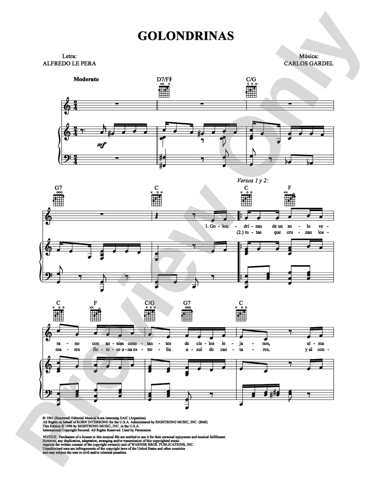 Golondrinas: Piano/Vocal/Chords Digital Sheet Music