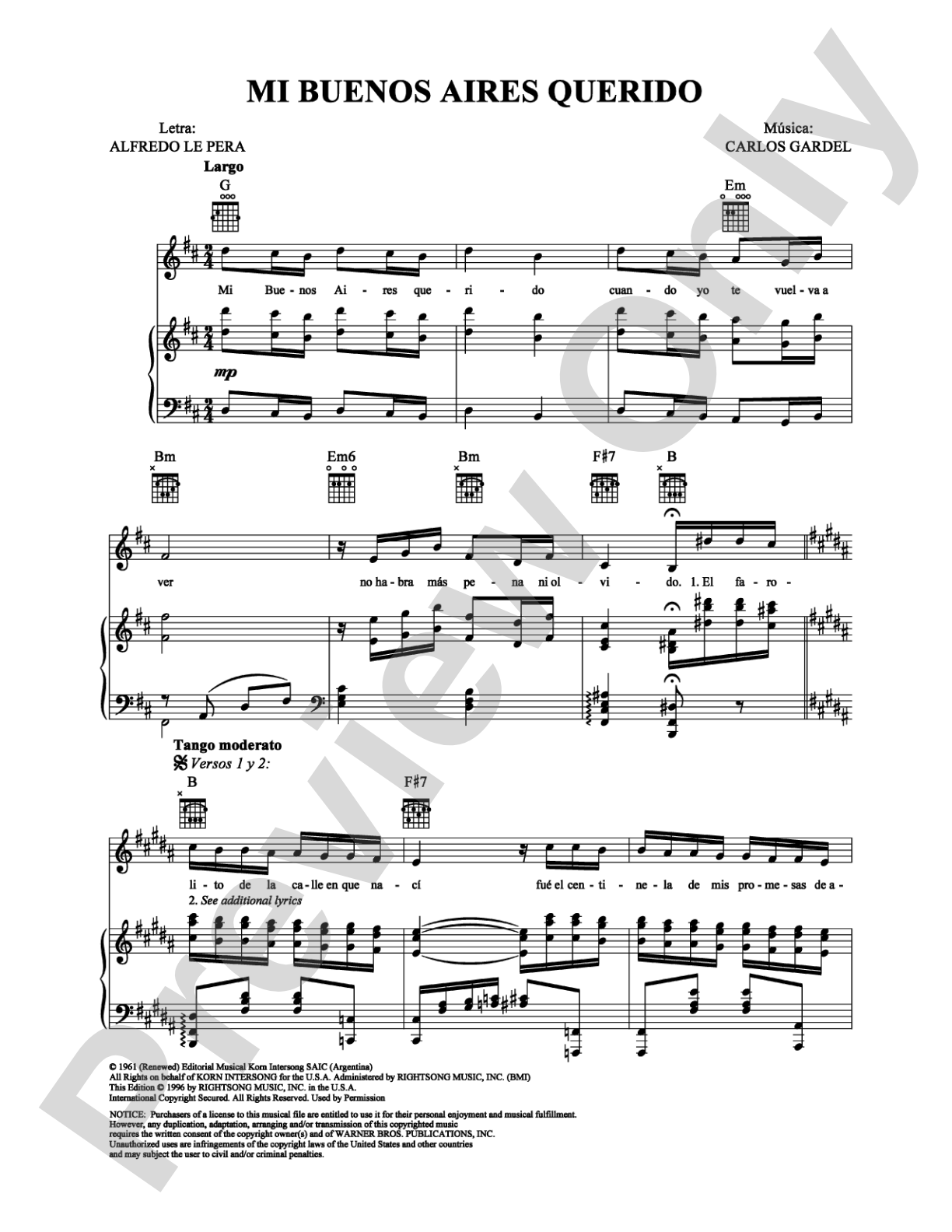 Mi Buenos Aires Querido: Piano/Vocal/Chords Digital Sheet Music