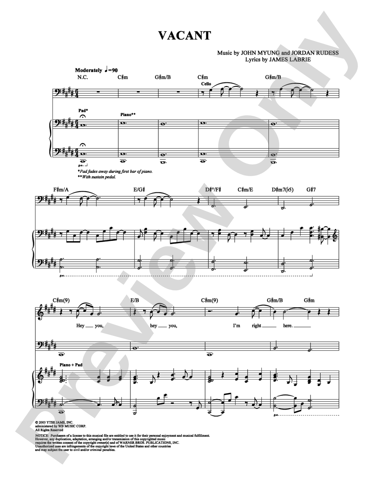 Vacant: Piano/Vocal/Chords Digital Sheet Music