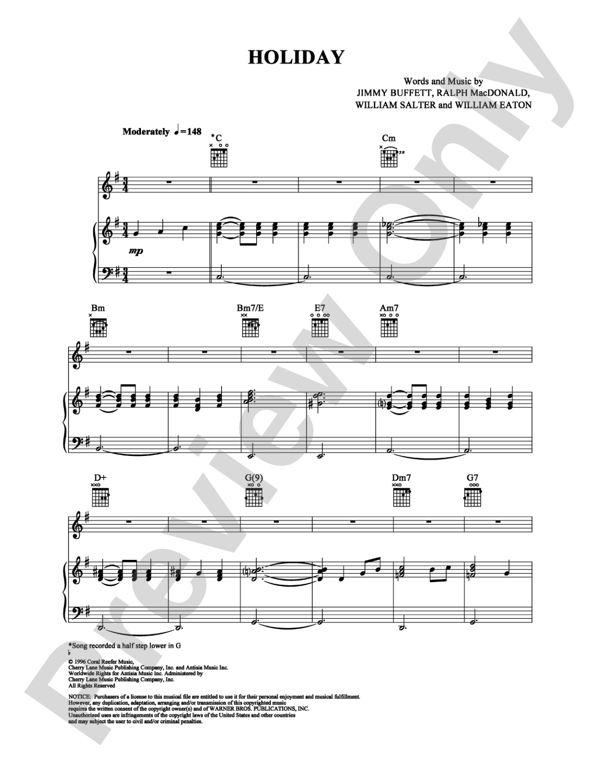 Holiday: Piano/Vocal/Chords Digital Sheet Music