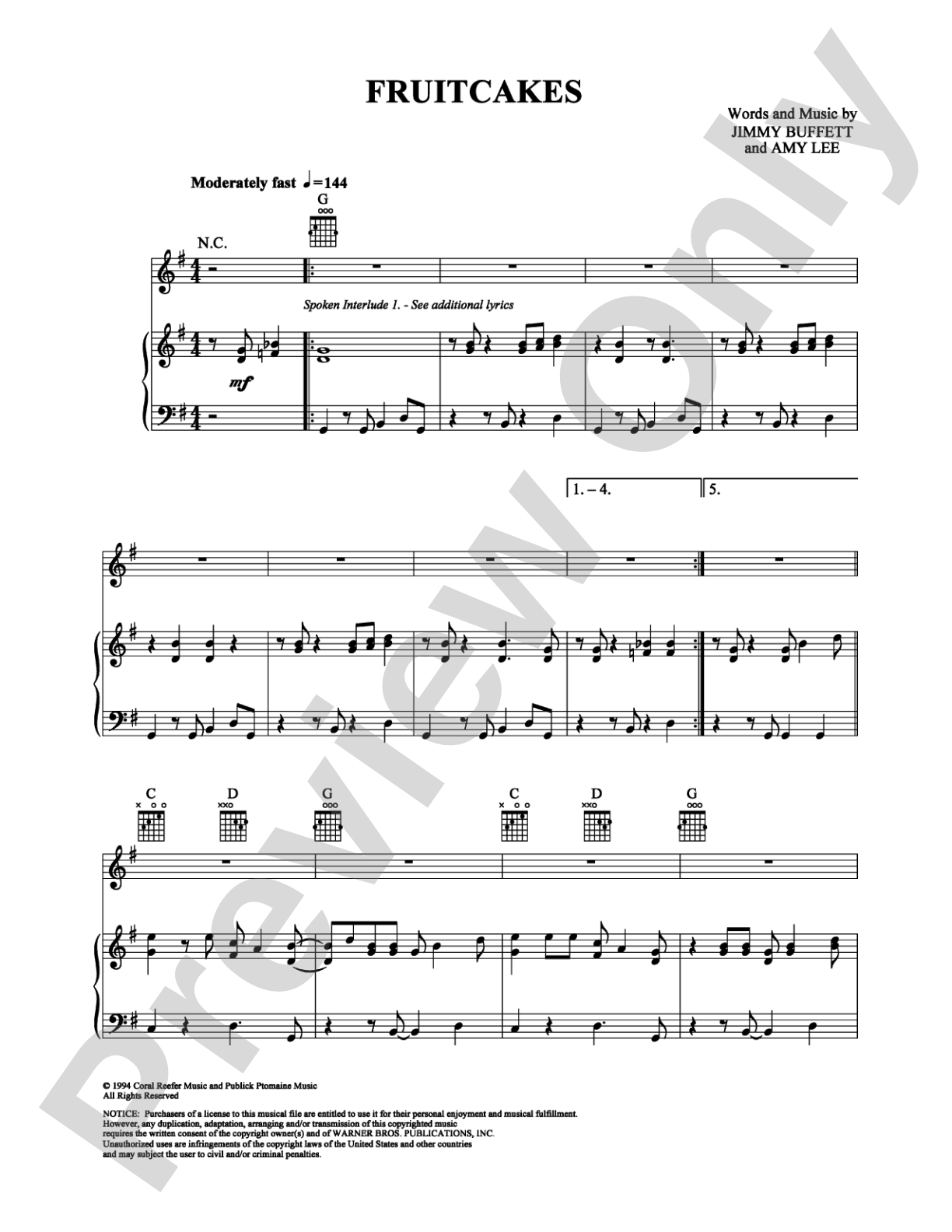 Fruitcakes: Piano/Vocal/Chords Digital Sheet Music