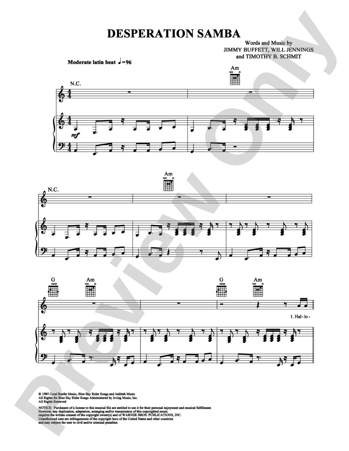 Desperation Samba: Piano/Vocal/Chords Digital Sheet Music