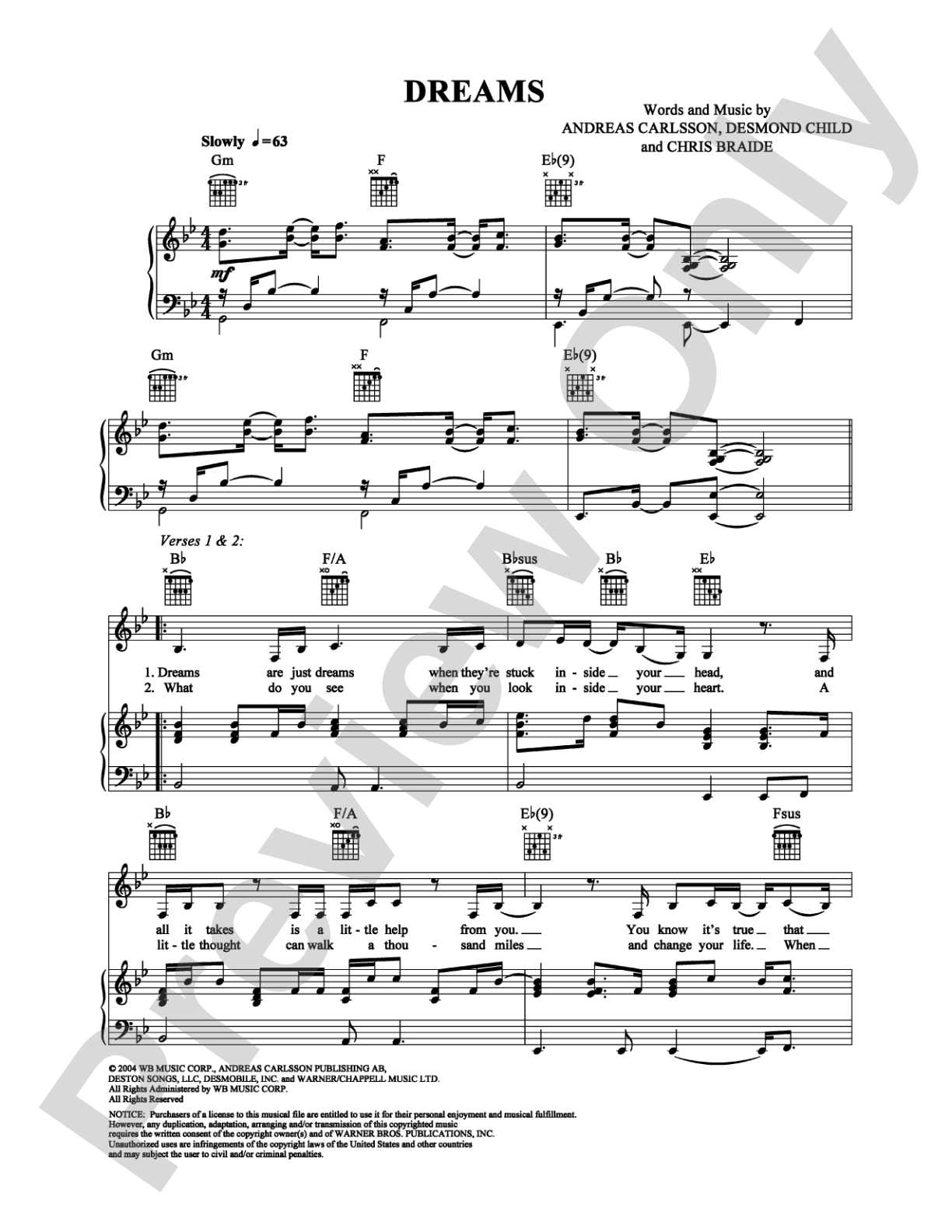Dreams: Piano/Vocal/Chords Digital Sheet Music