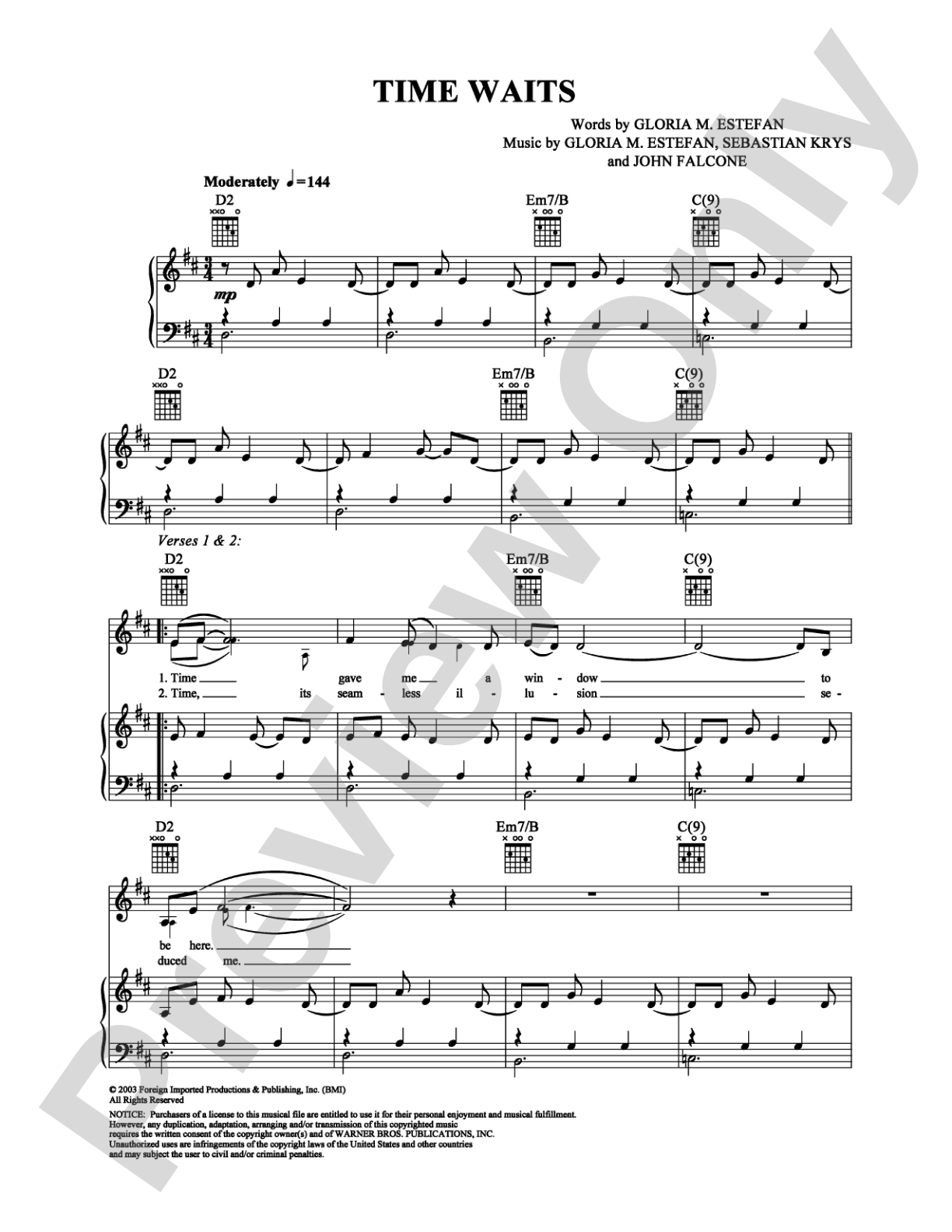 Time Waits: Piano/Vocal/Chords Digital Sheet Music