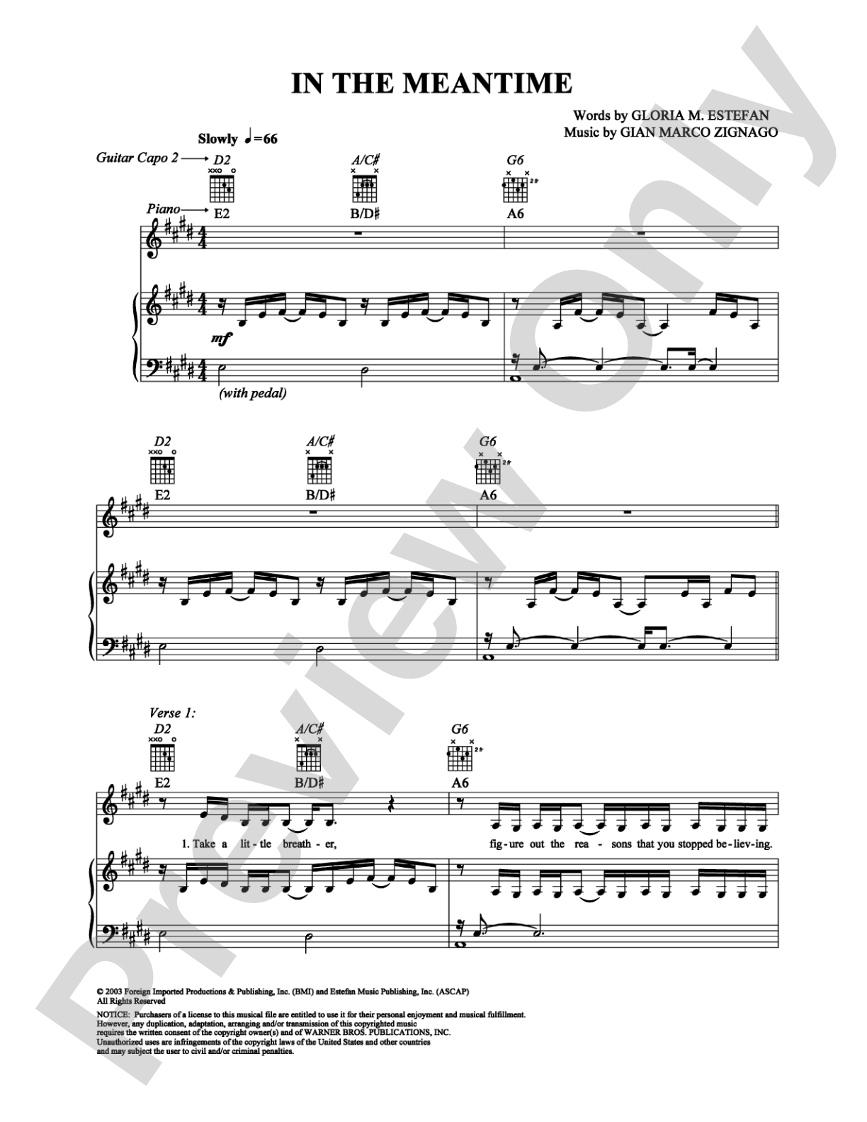 In the Meantime: Piano/Vocal/Chords Digital Sheet Music