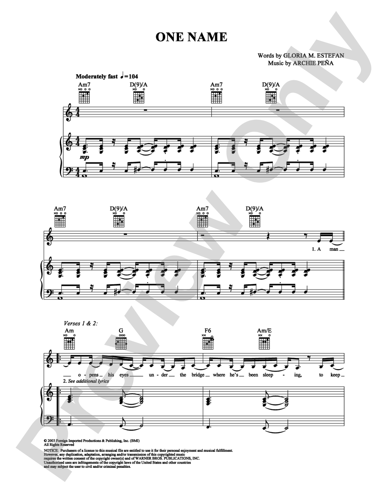 One Name: Piano/Vocal/Chords Digital Sheet Music