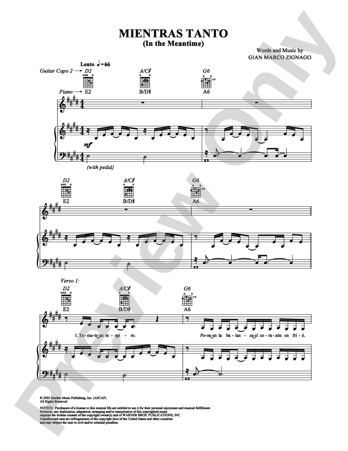 Mientras Tanto (In the Meantime): Piano/Vocal/Chords Digital Sheet Music