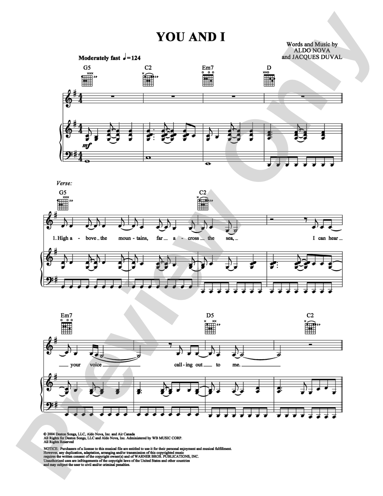 You and I: Piano/Vocal/Chords Digital Sheet Music