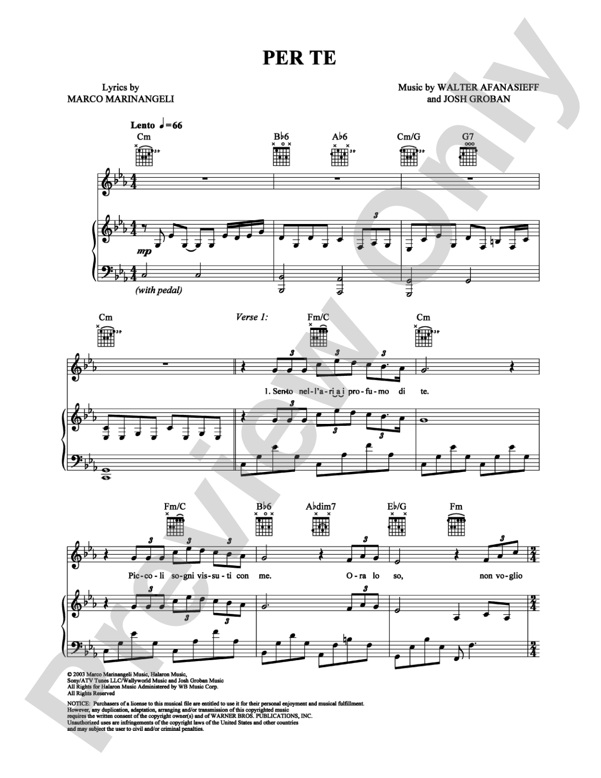 Per Te: Piano/Vocal/Chords Digital Sheet Music