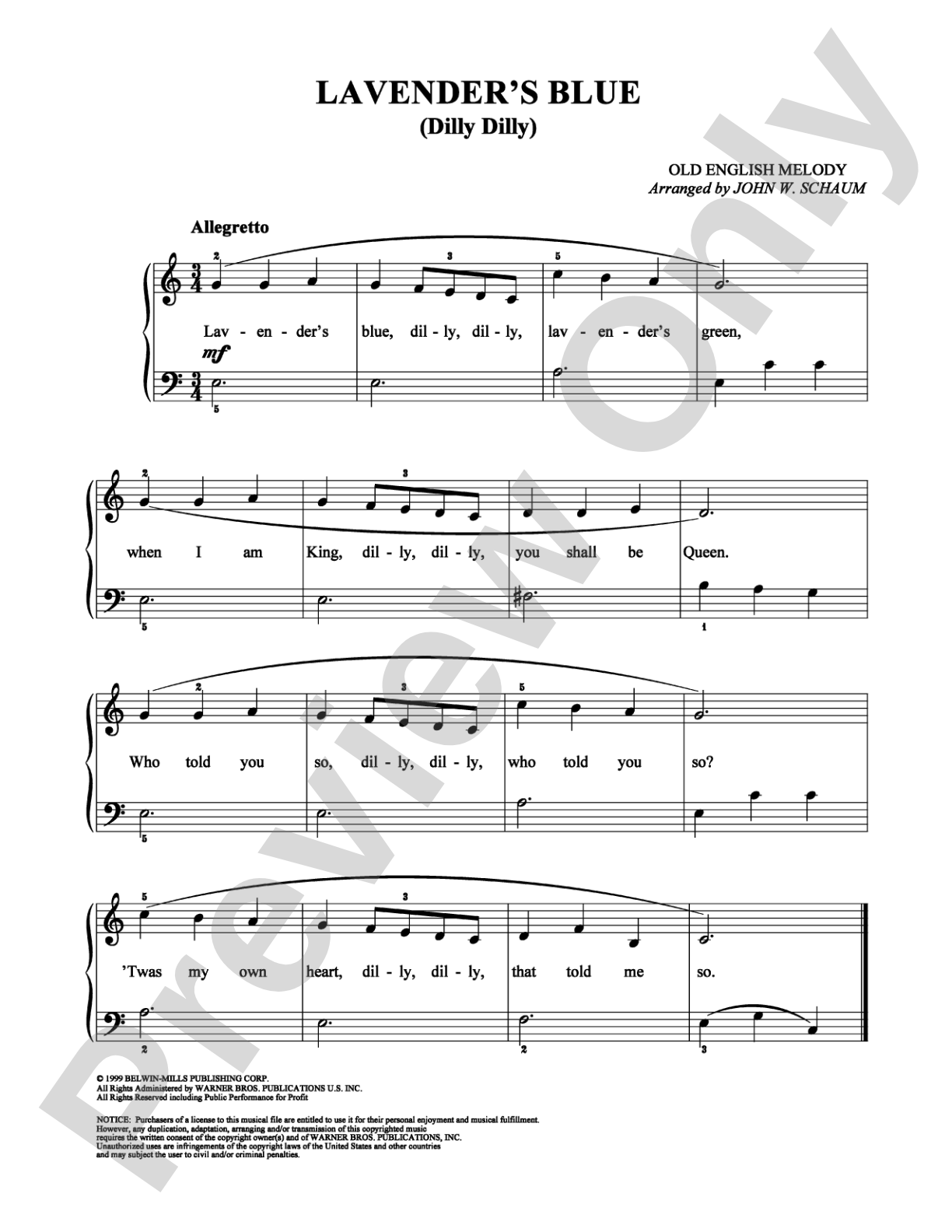 Lavender's Blue: Easy Piano Digital Sheet Music