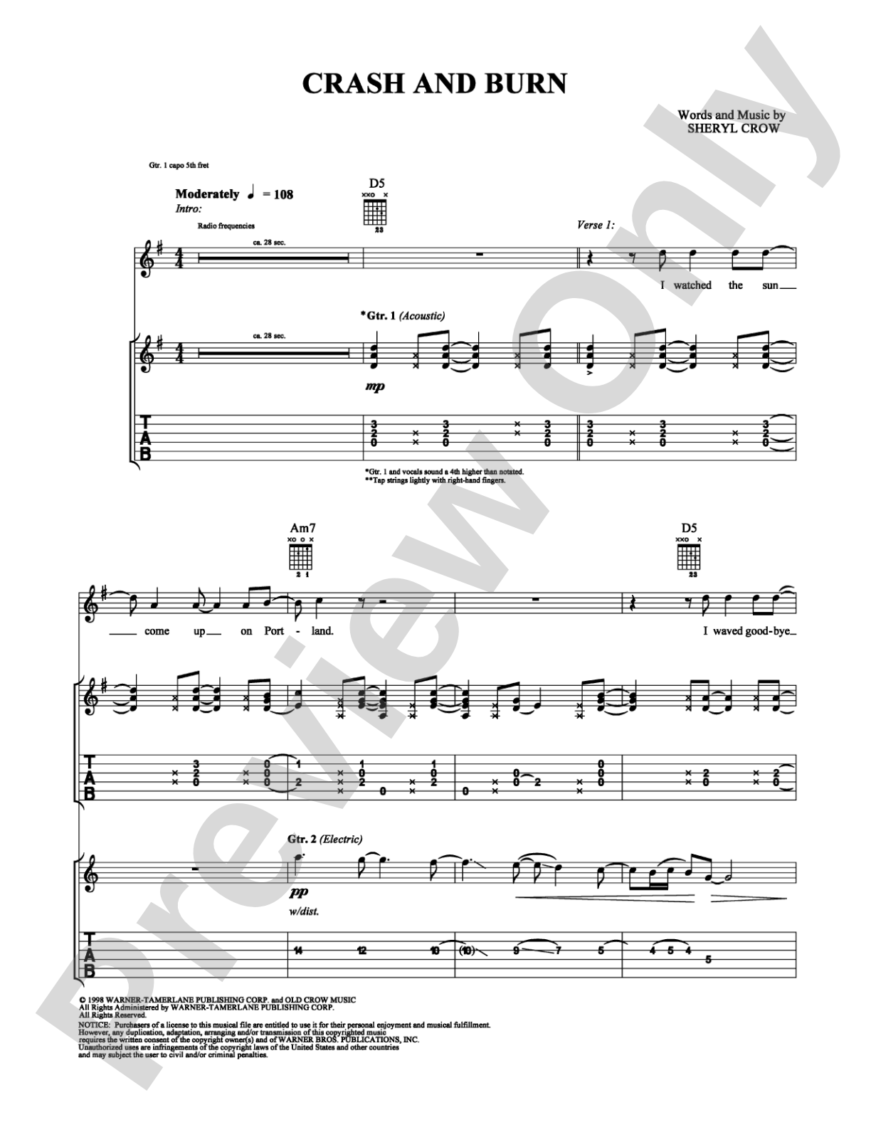 Crash and Burn: Guitar TAB Digital Sheet Music