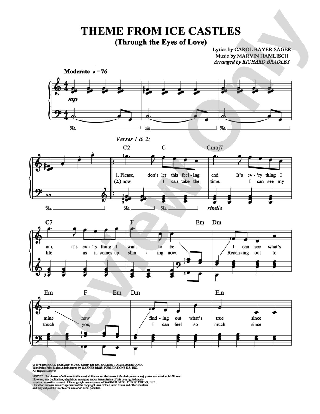 Theme from Ice Castles (Through the Eyes of Love): Easy Piano Digital Sheet Music