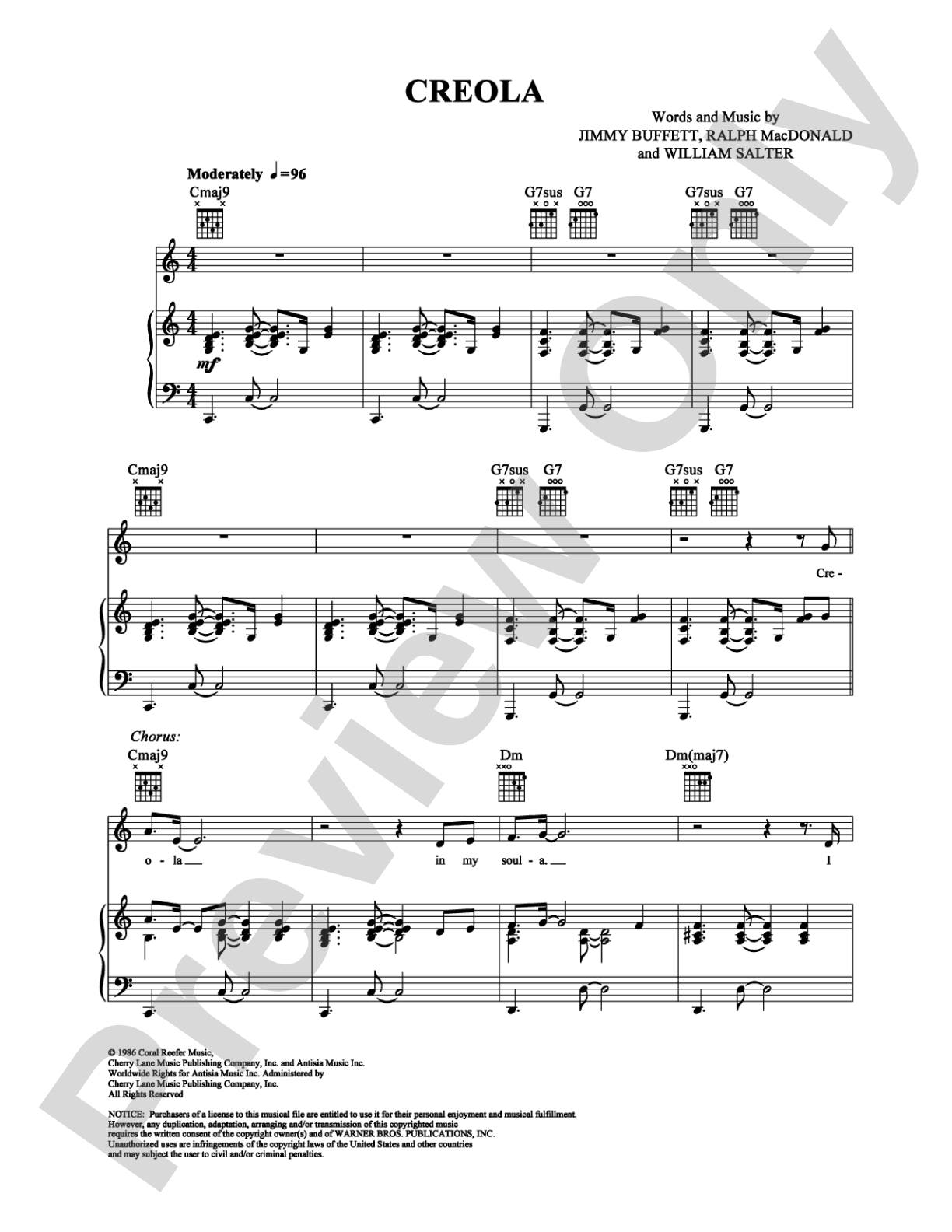 Creola: Piano/Vocal/Chords Digital Sheet Music