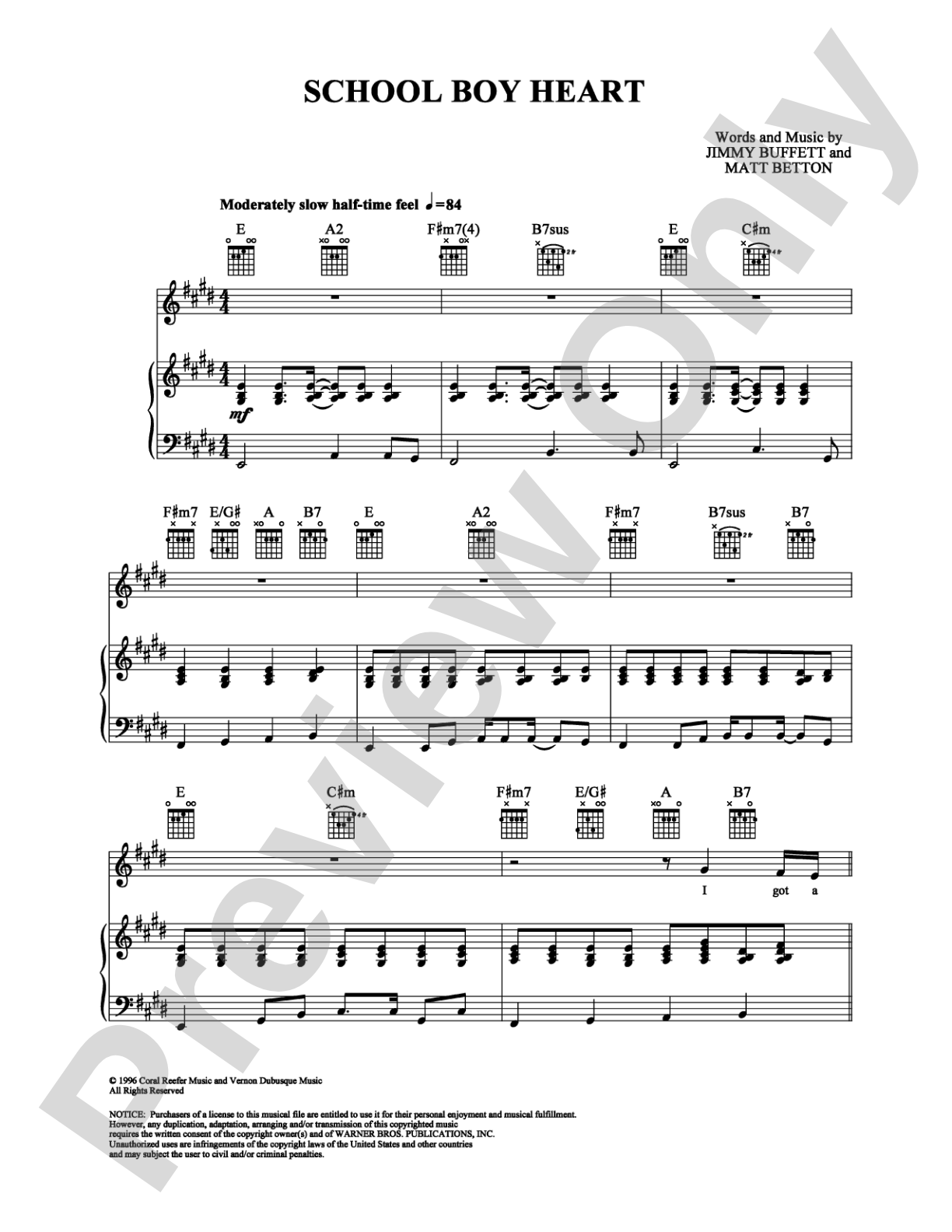 School Boy Heart: Piano/Vocal/Chords Digital Sheet Music