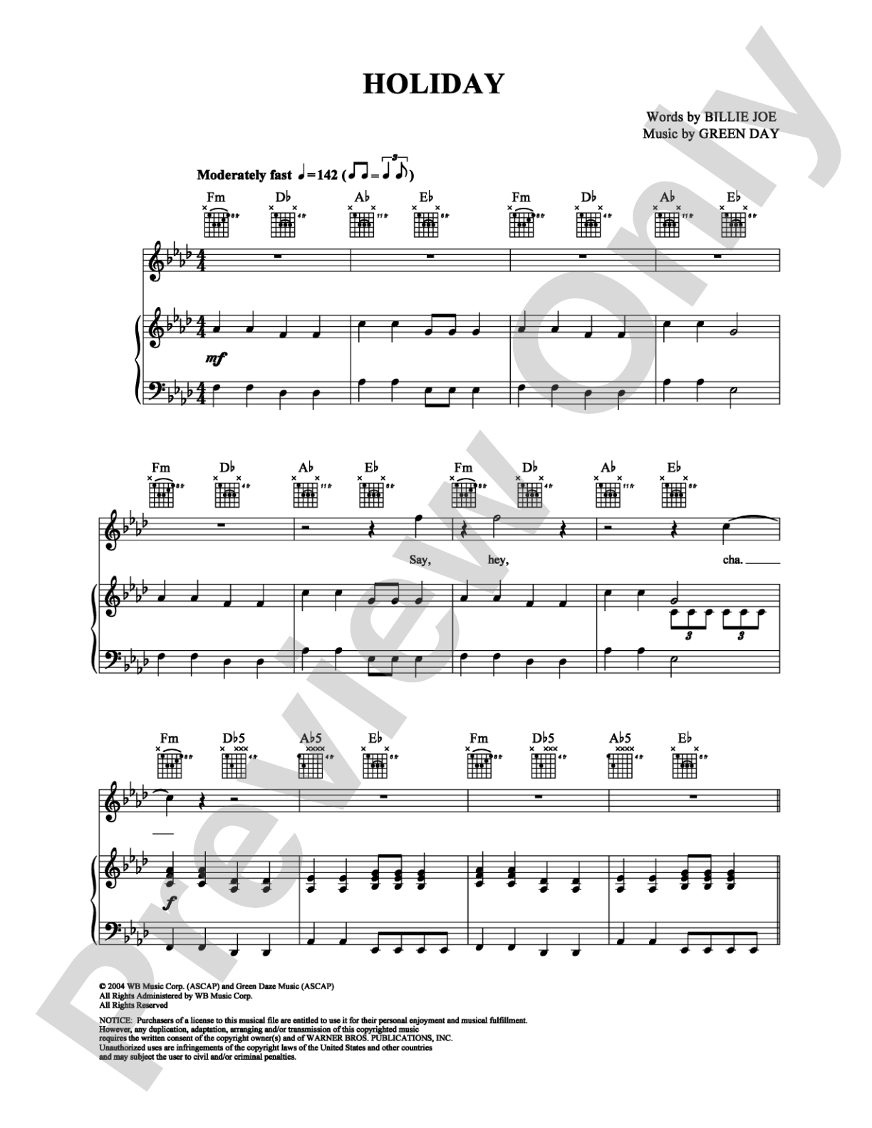 Holiday: Piano/Vocal/Chords Digital Sheet Music