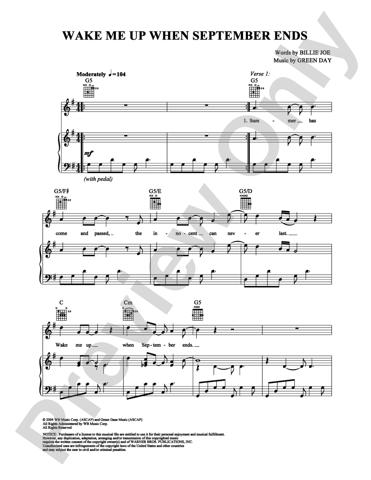 Wake Me Up When September Ends: Piano/Vocal/Chords Digital Sheet Music