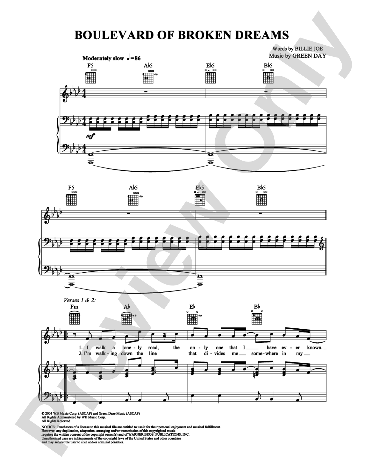 Boulevard of Broken Dreams: Piano/Vocal/Chords Digital Sheet Music