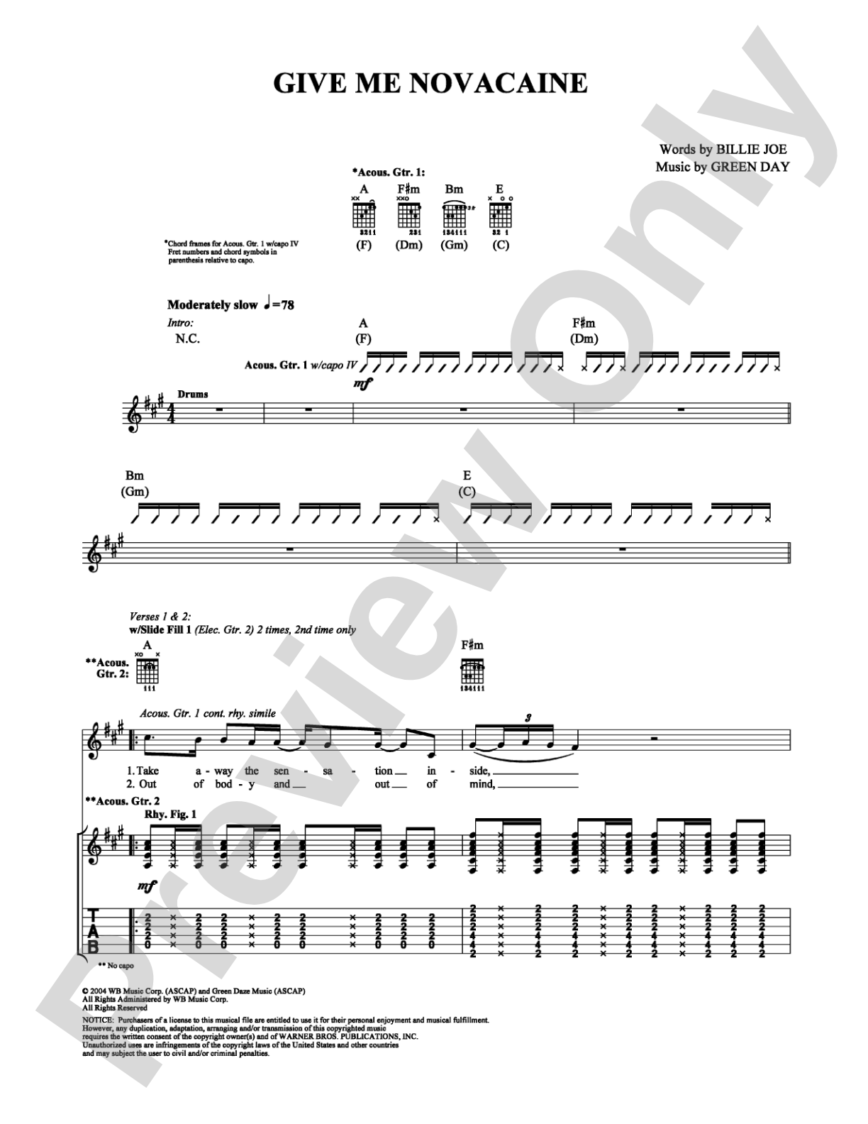 Give Me Novacaine: Guitar TAB Digital Sheet Music