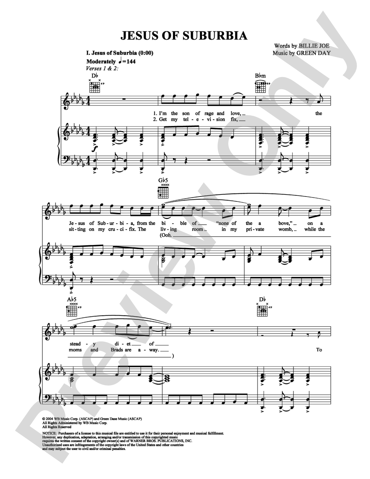 Jesus of Suburbia: Piano/Vocal/Chords Digital Sheet Music