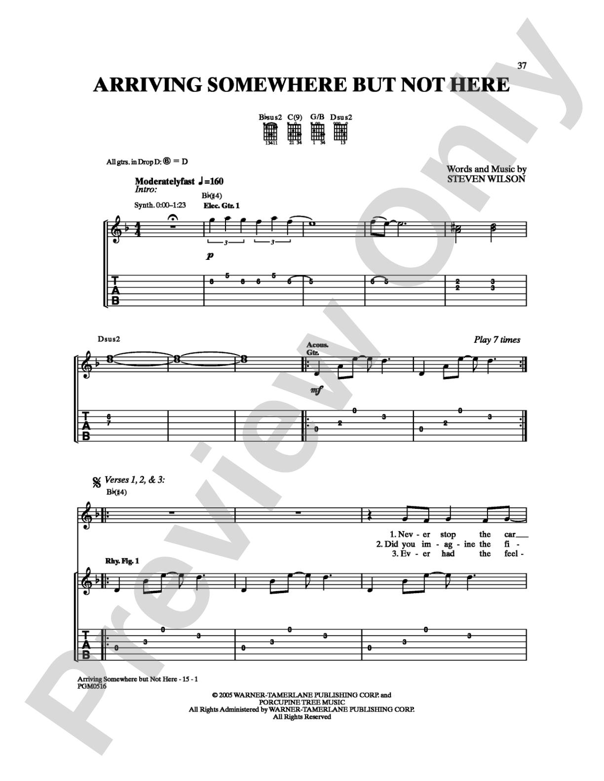Arriving Somewhere But Not Here: Guitar TAB Digital Sheet Music