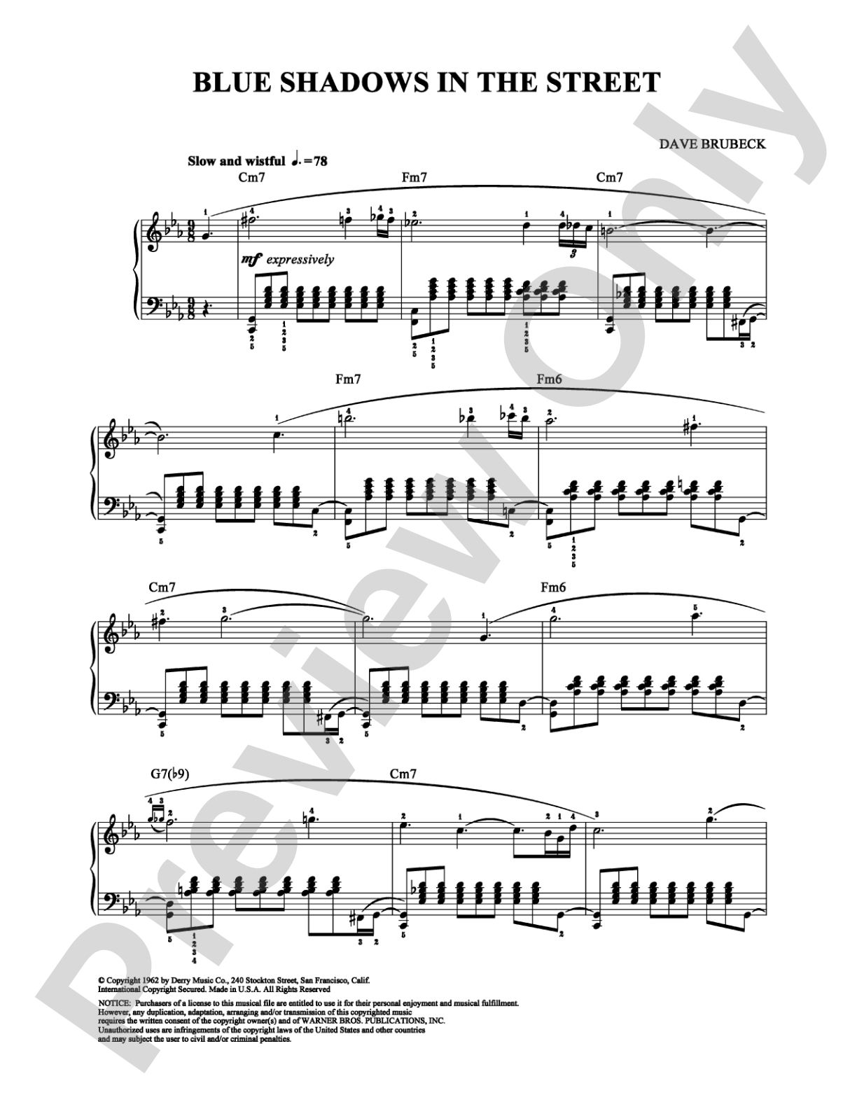 Blue Shadows in the Street: Piano Digital Sheet Music