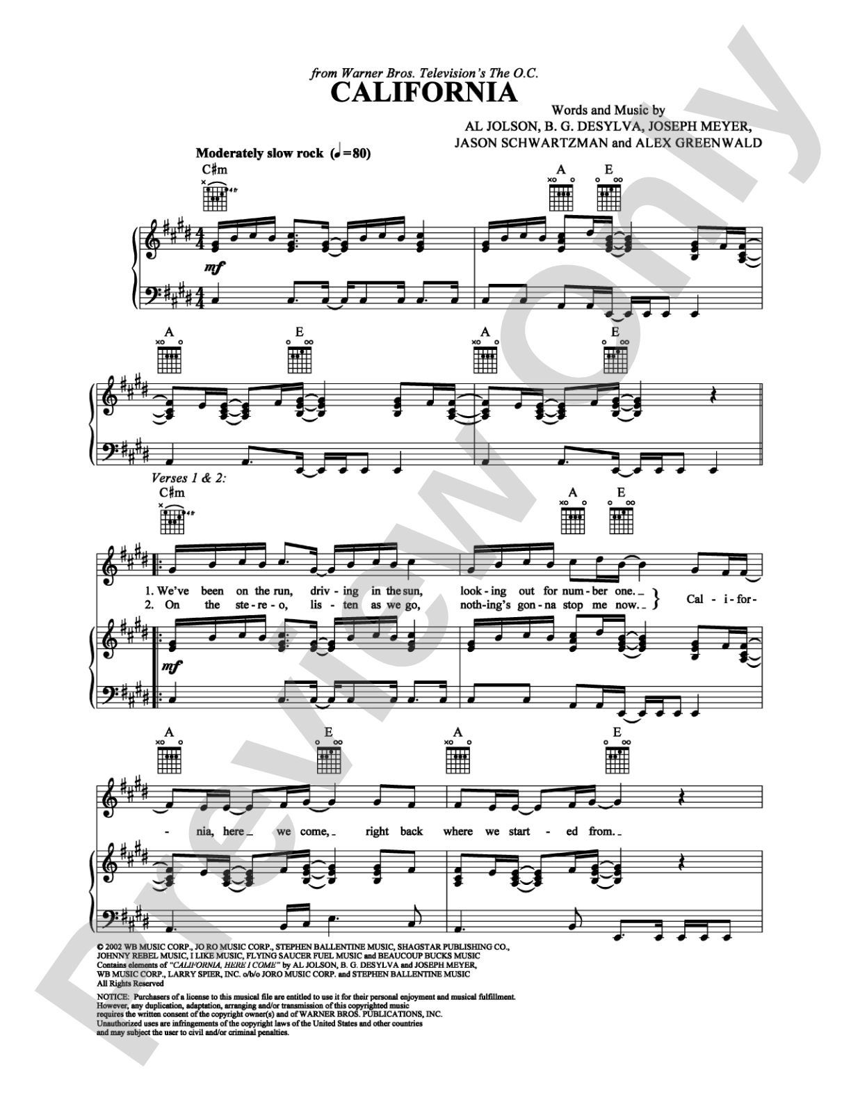 California: Piano/Vocal/Chords Digital Sheet Music