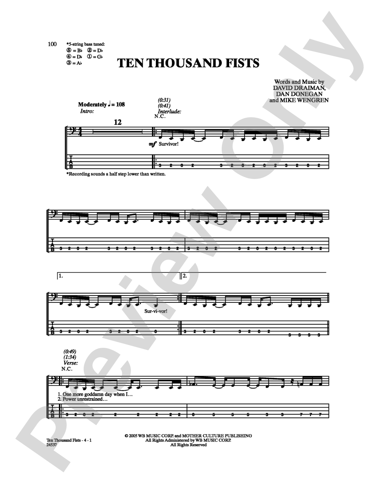 Ten Thousand Fists: Bass TAB Digital Sheet Music