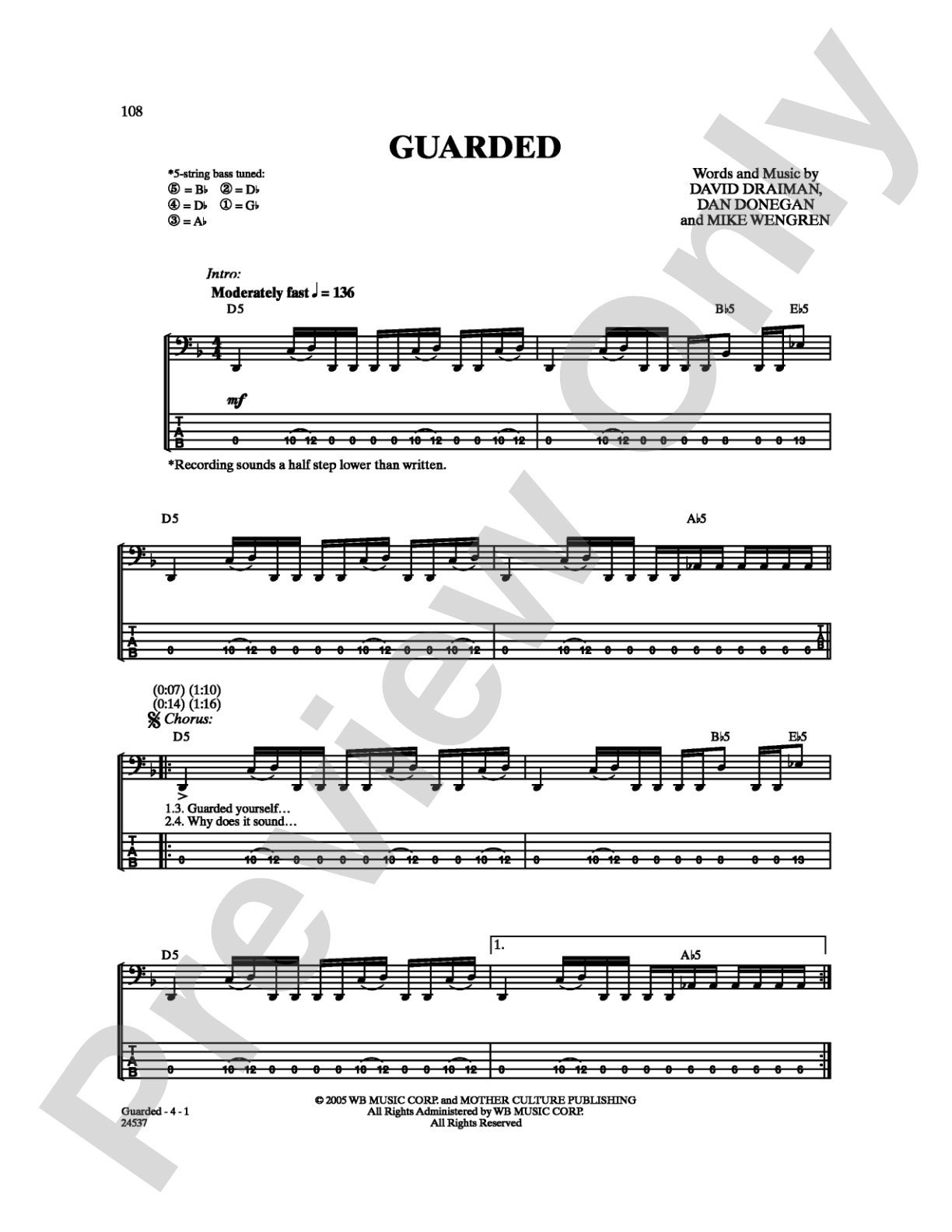 Guarded: Bass TAB Digital Sheet Music