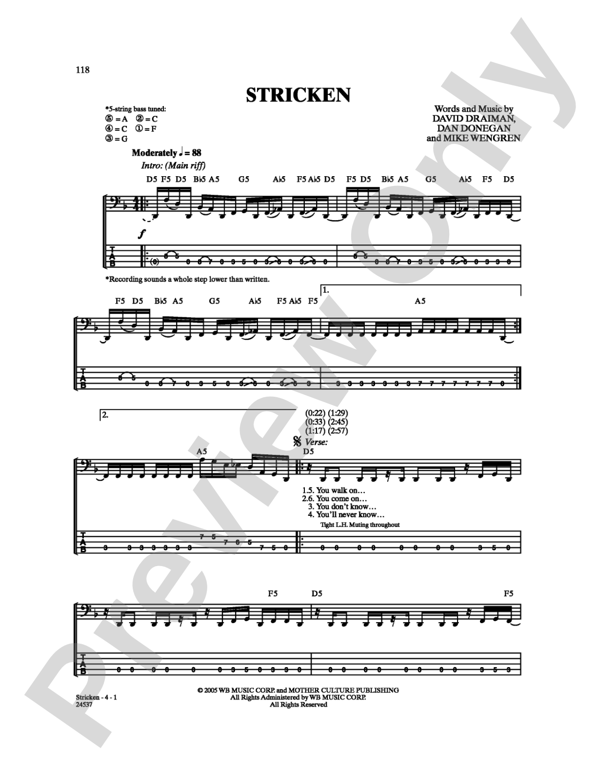 Stricken: Bass TAB Digital Sheet Music