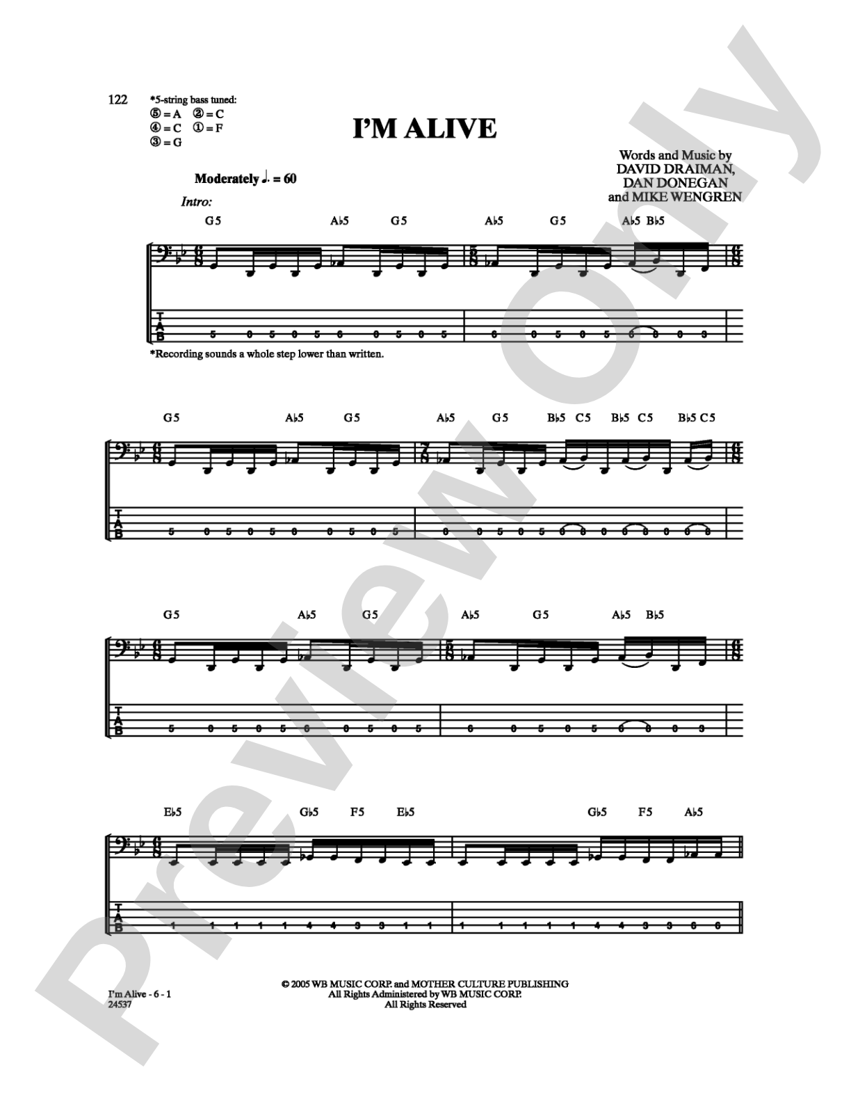 I'm Alive: Bass TAB Digital Sheet Music