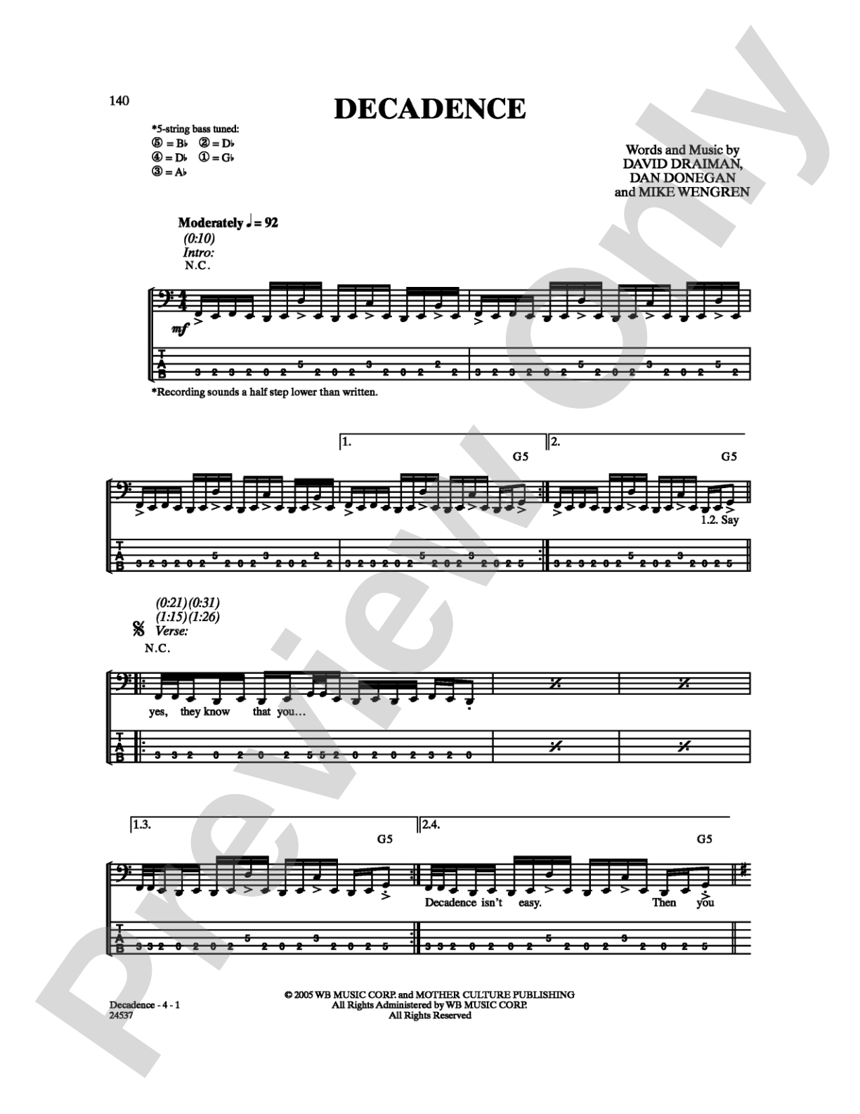Decadence: Bass TAB Digital Sheet Music