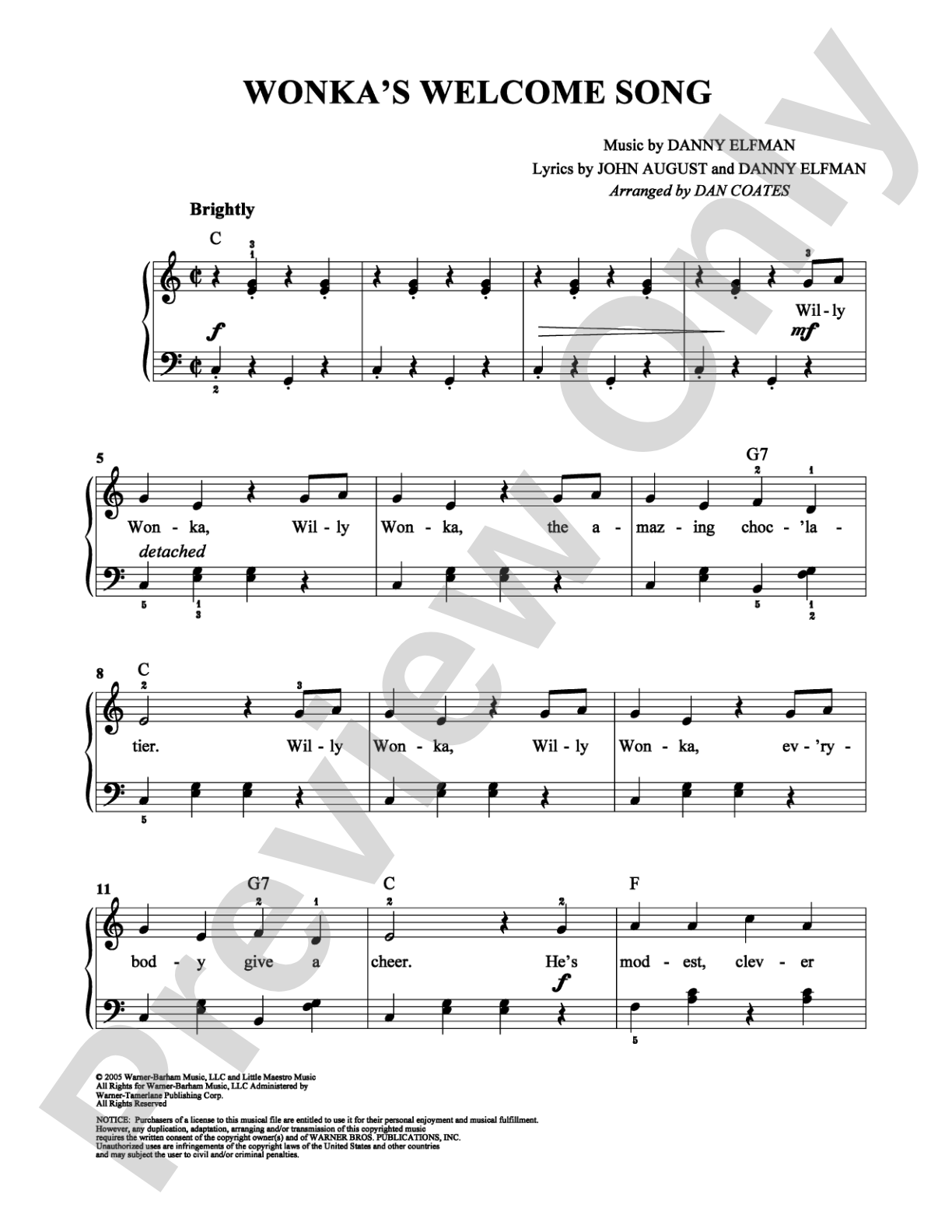 Wonka's Welcome Song: Easy Piano Digital Sheet Music