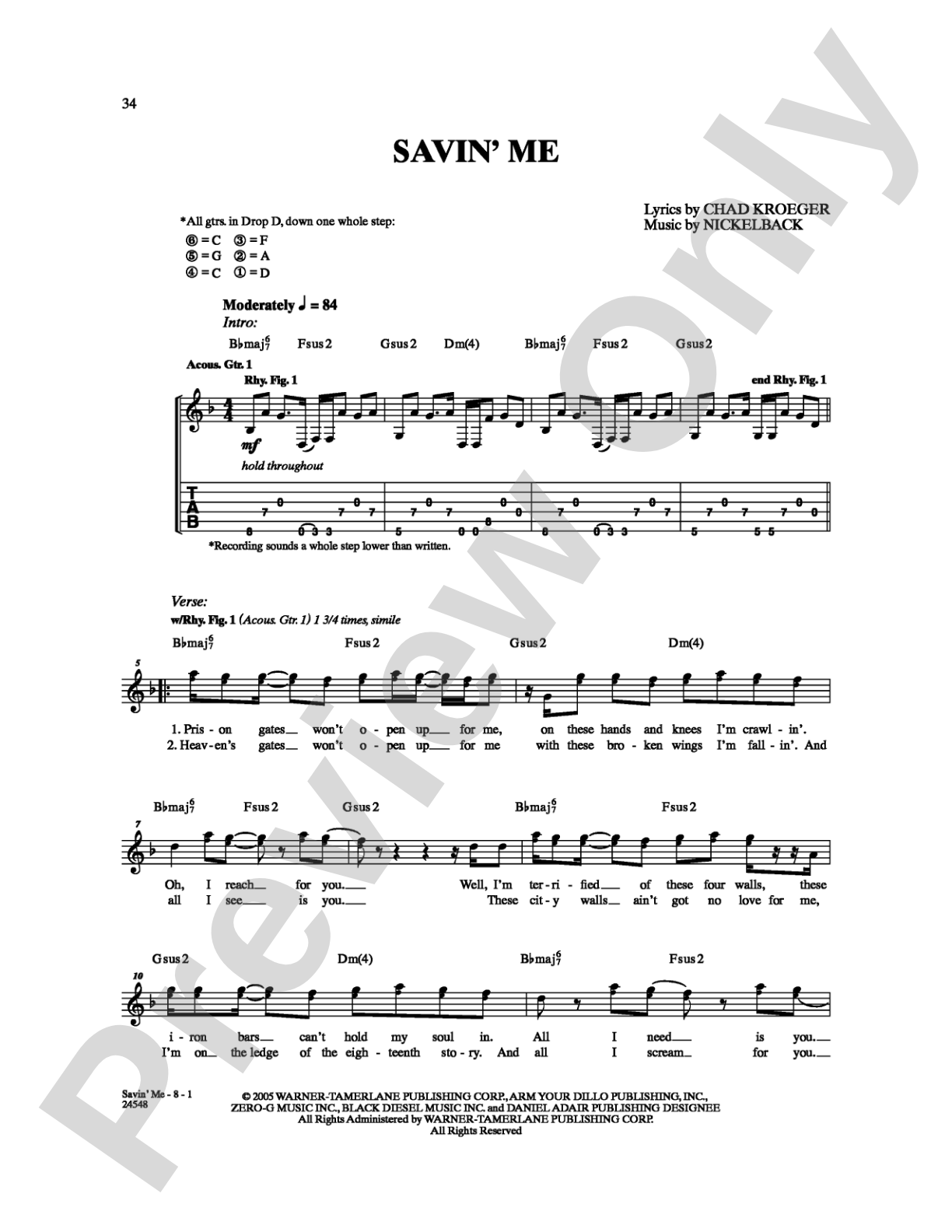 Savin' Me: Guitar TAB Digital Sheet Music