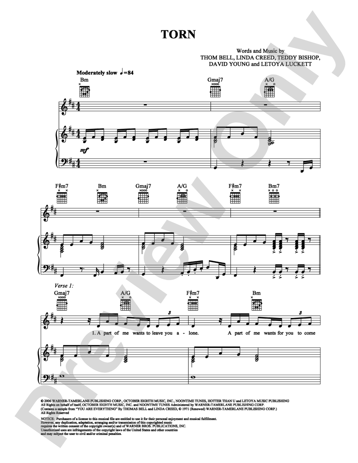Torn: Piano/Vocal/Chords Digital Sheet Music