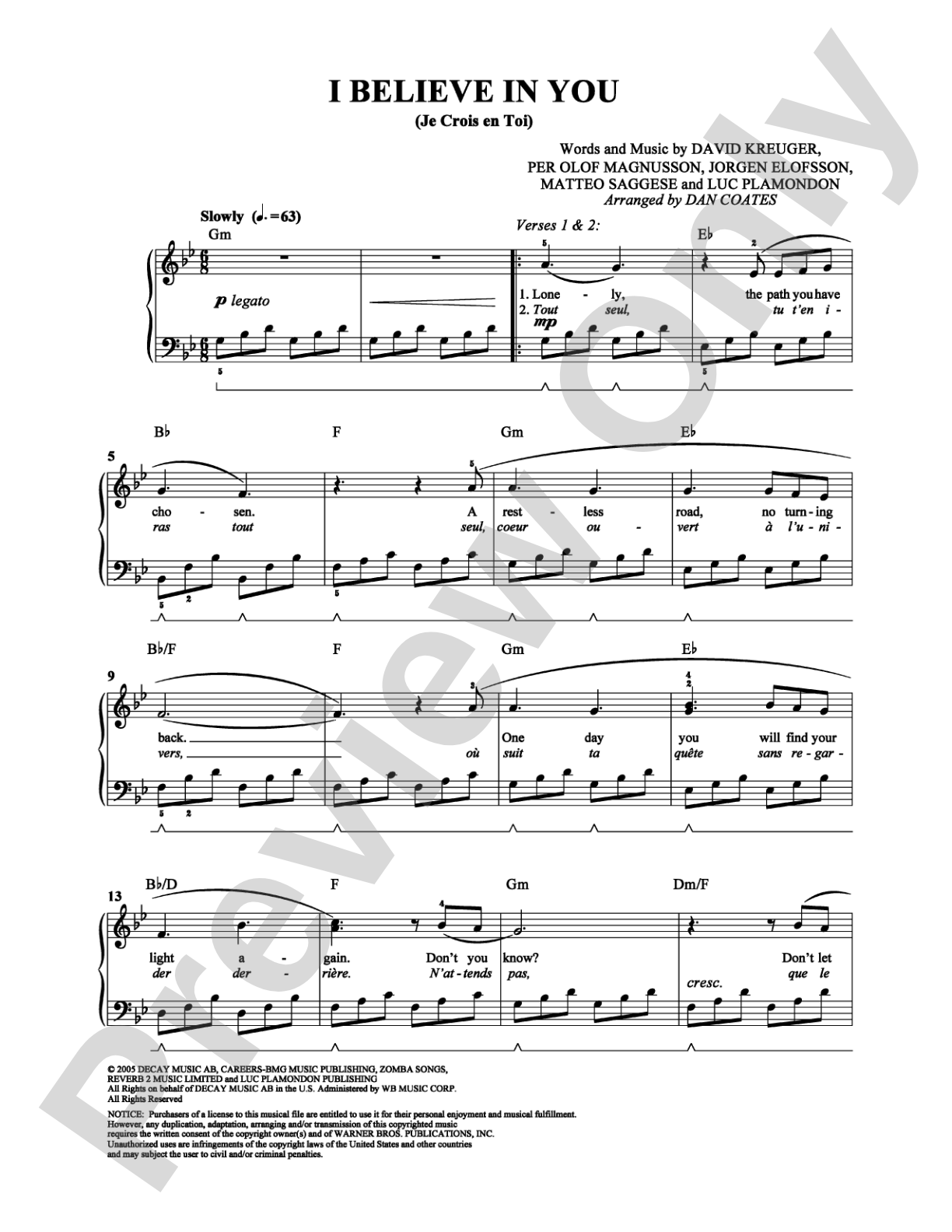 I Believe in You (Je Crois en Toi): Easy Piano Digital Sheet Music