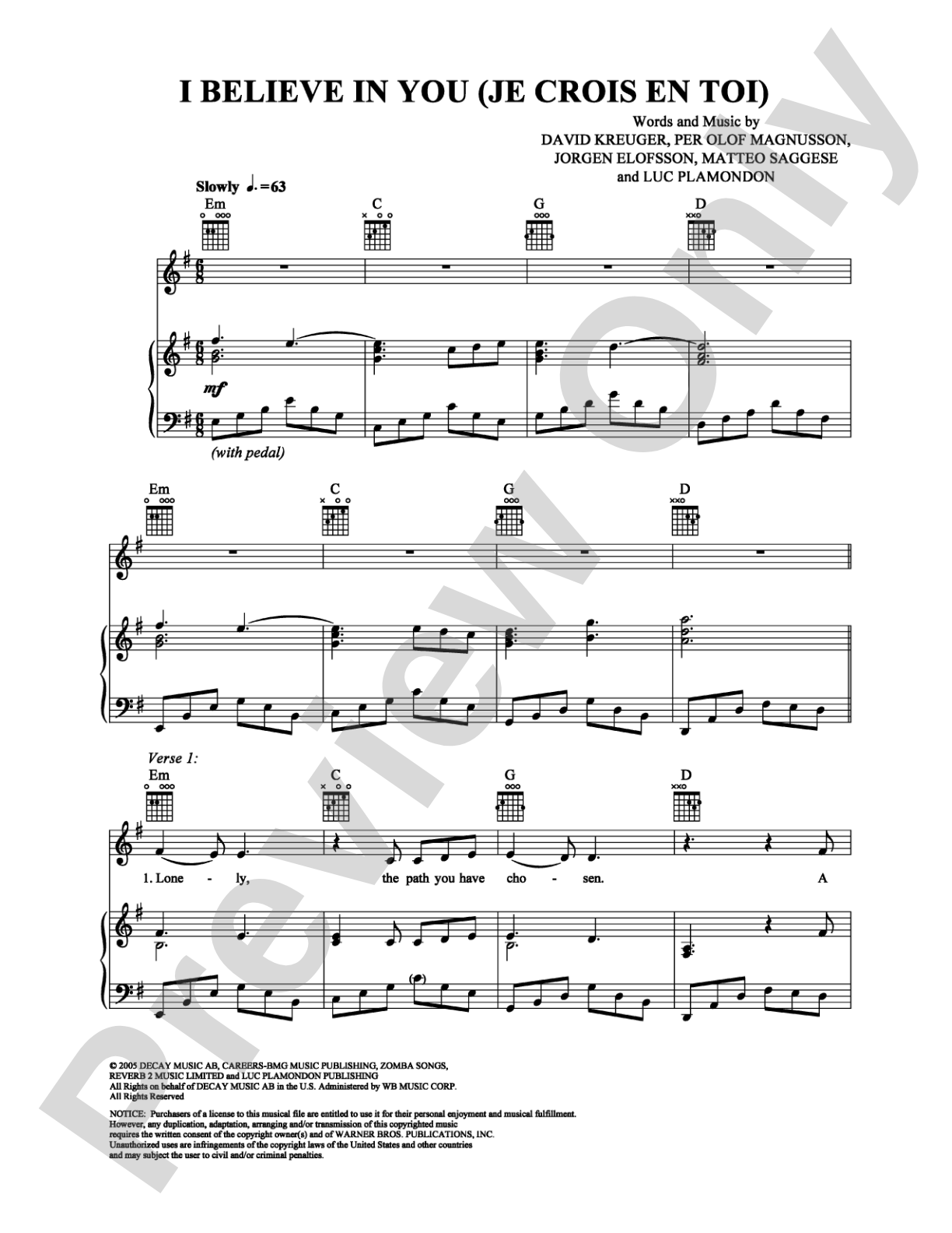 I Believe in You (Je Crois en Toi): Piano/Vocal/Chords Digital Sheet Music