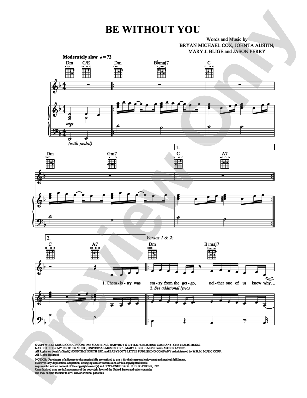 Be Without You: Piano/Vocal/Chords Digital Sheet Music