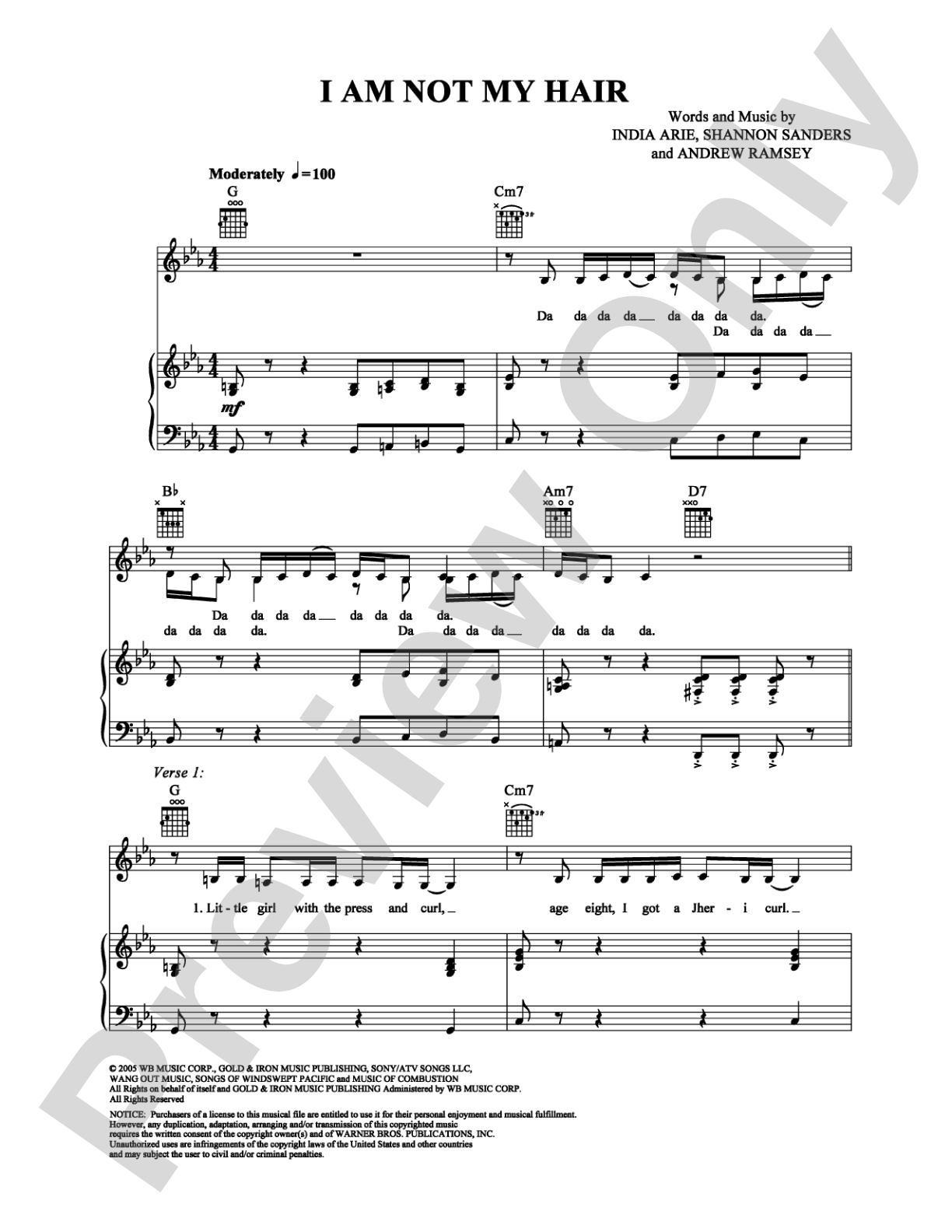 I Am Not My Hair: Piano/Vocal/Chords Digital Sheet Music