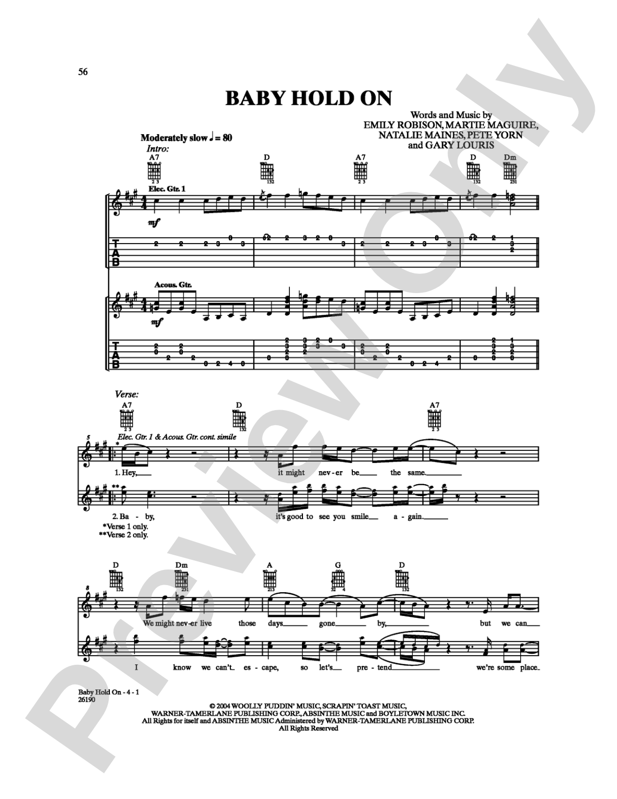 Baby Hold On: Guitar TAB Digital Sheet Music