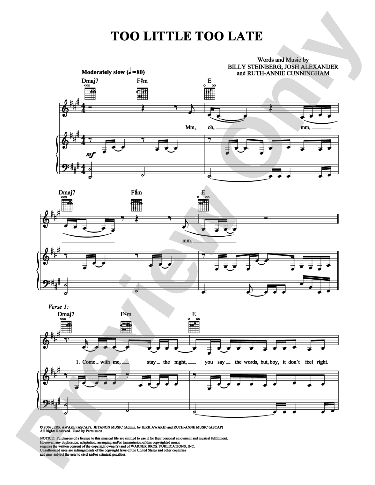 Too Little Too Late: Piano/Vocal/Chords Digital Sheet Music