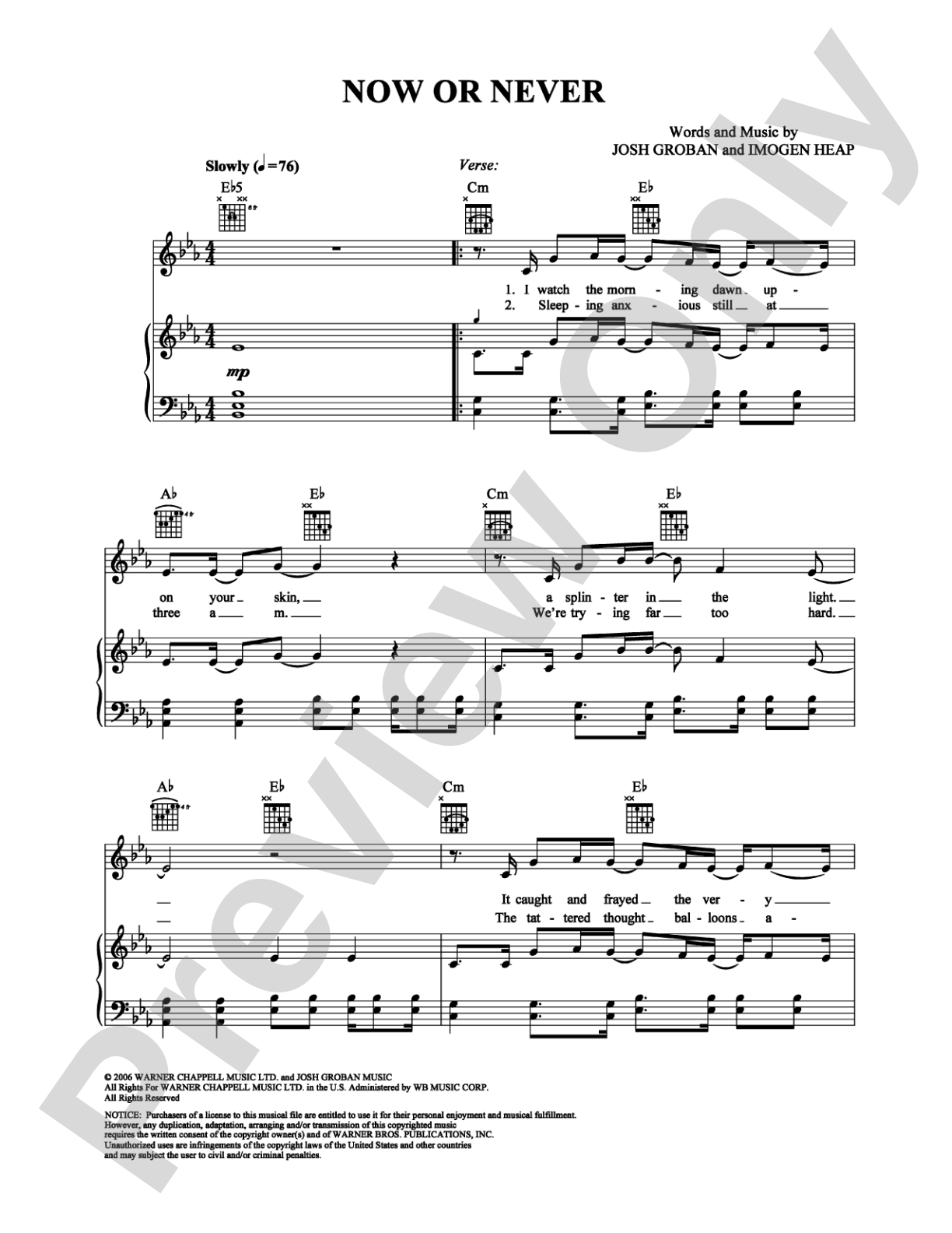 Now or Never: Piano/Vocal/Chords Digital Sheet Music