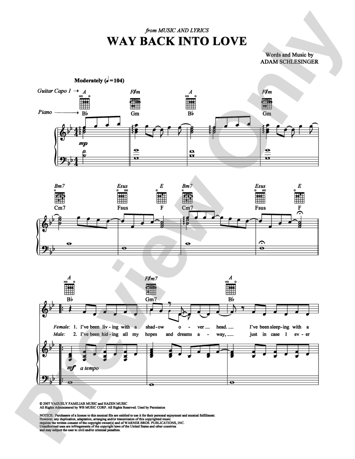 Way Back Into Love (from "Music and Lyrics"): Piano/Vocal/Chords Digital Sheet Music