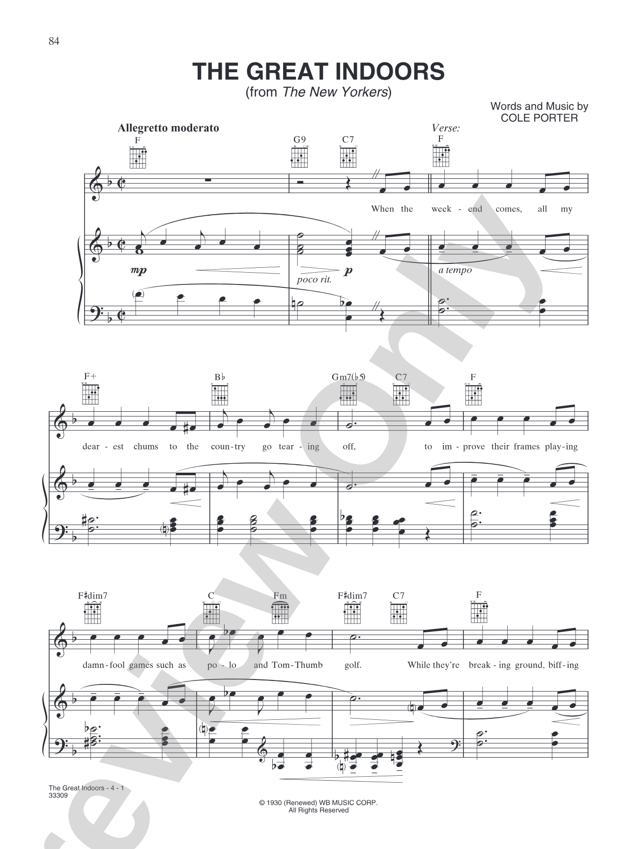 The Great Indoors (from "The New Yorkers"): Piano/Vocal/Chords