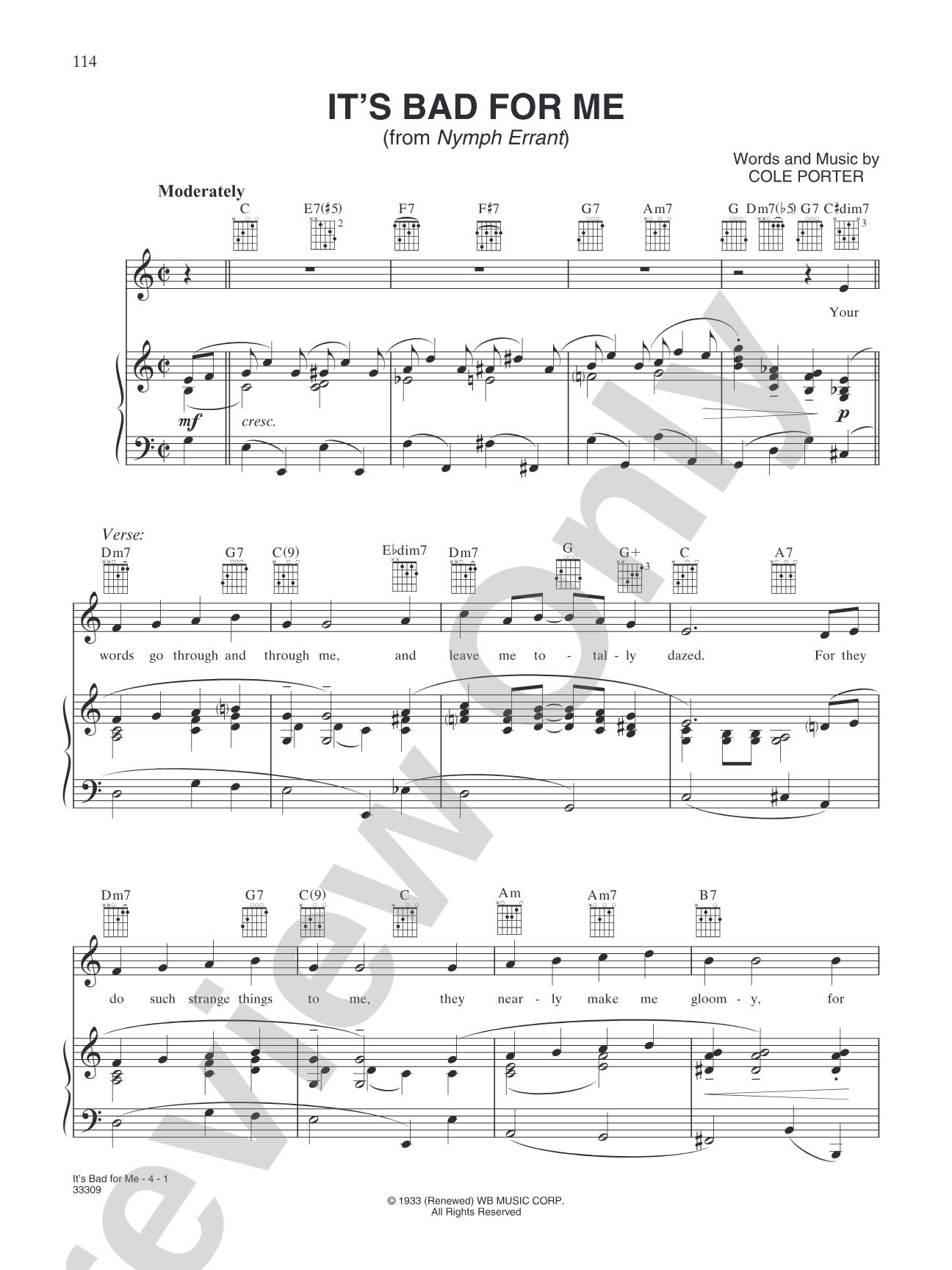 It's Bad for Me (from "Nymph Errant"): Piano/Vocal/Chords