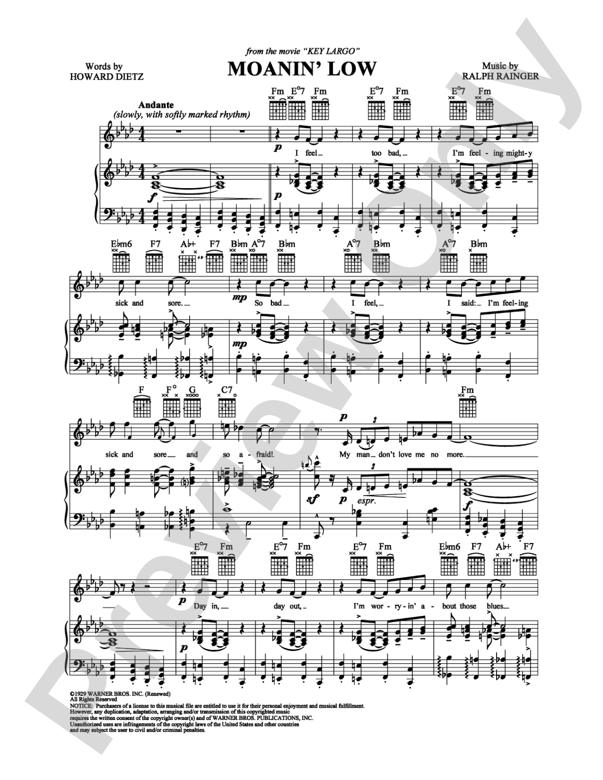 Moanin' Low: Piano/Vocal/Chords Digital Sheet Music