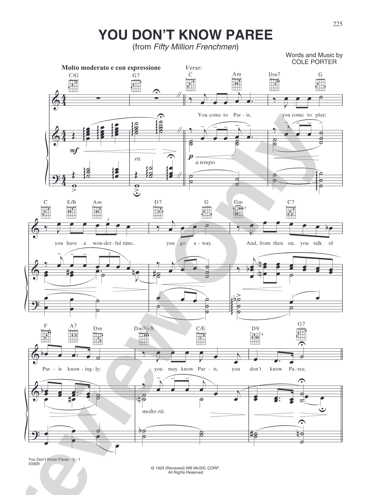 You Don't Know Paree (from "Fifty Million Frenchmen"): Piano/Vocal/Chords