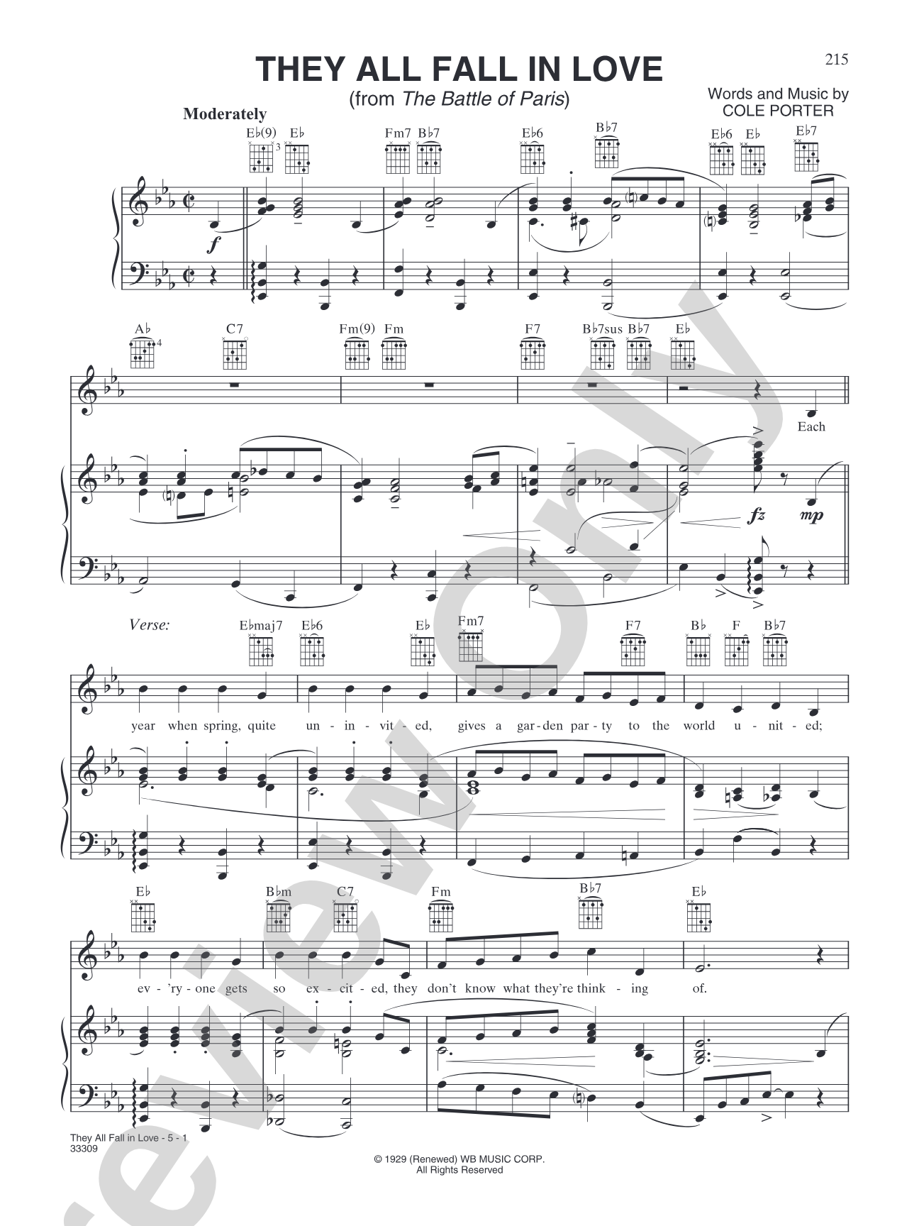 They All Fall in Love (from "The Battle of Paris"): Piano/Vocal/Chords