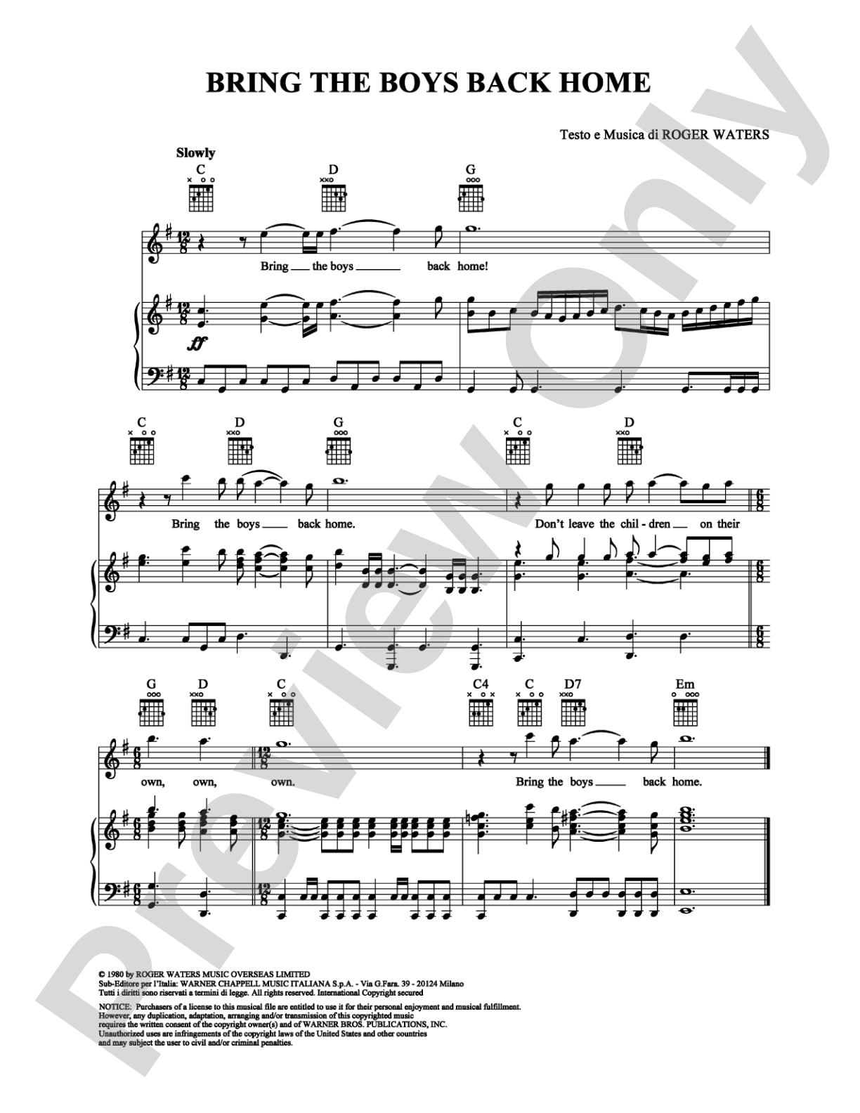 Bring the Boys Back Home: Piano/Vocal/Chords Digital Sheet Music